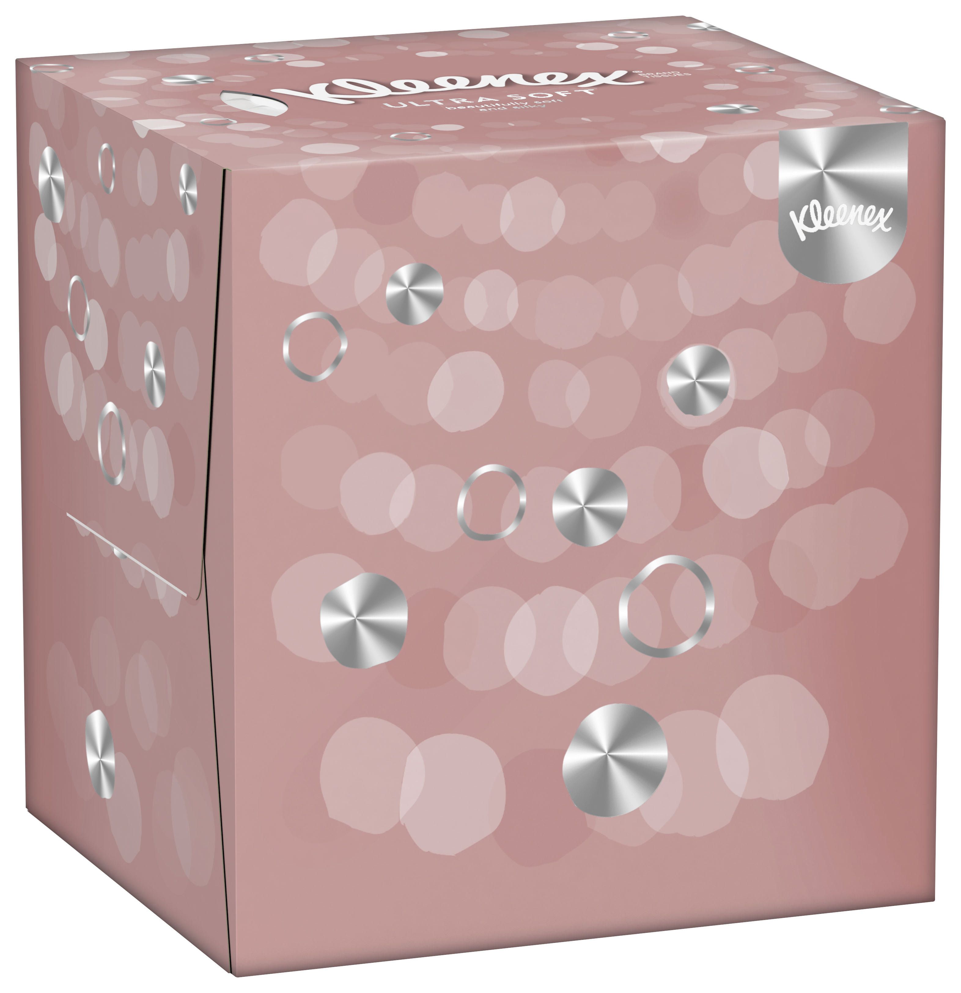 Kleenex Ultra Soft Kosmetiktücher-Box. Rosa Verpackung mit silbernen Elementen. Logo sichtbar.