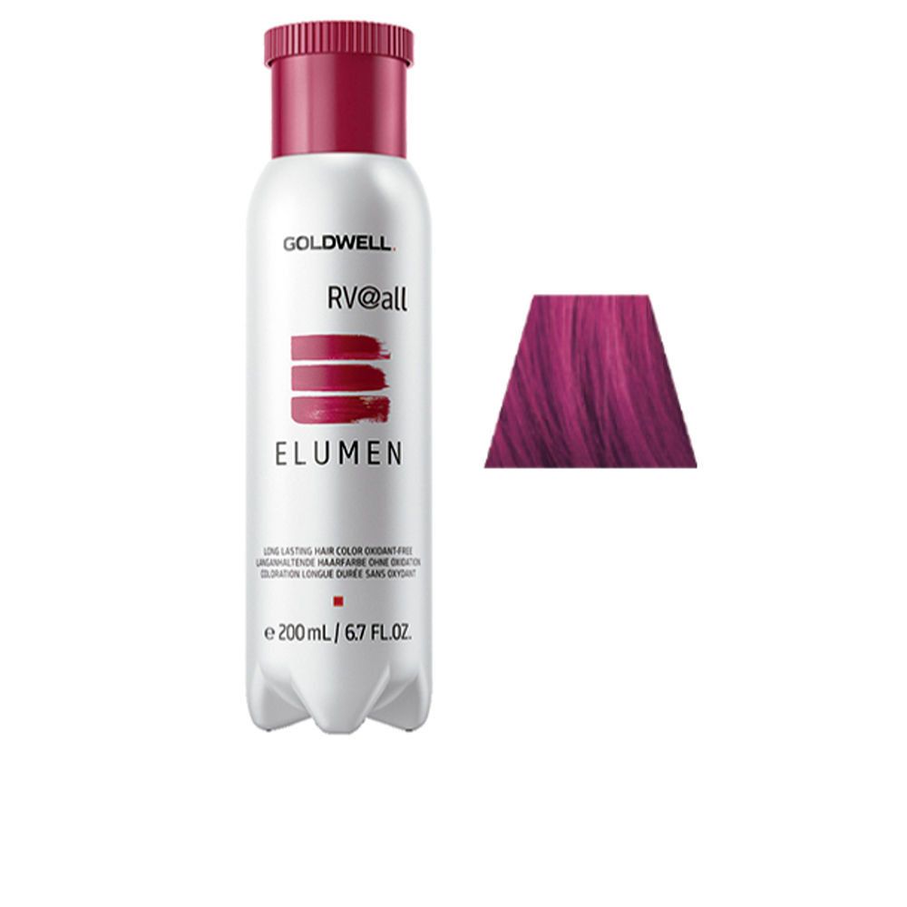 Flasche mit RV@all ELUMEN Haarfarbe. Farbprobe rechts. Goldwell-Logo. Ohne Oxidationsmittel. 200 ml.