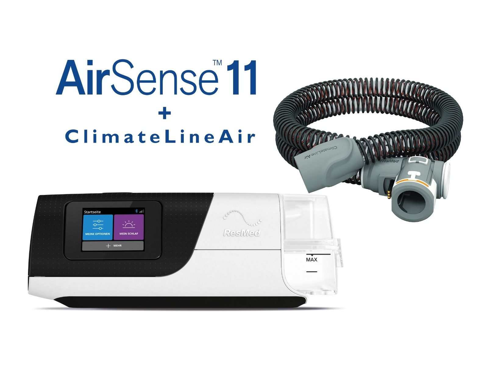 ResMed AirSense 11 mit ClimateLineAir Schlauch und Befeuchter.