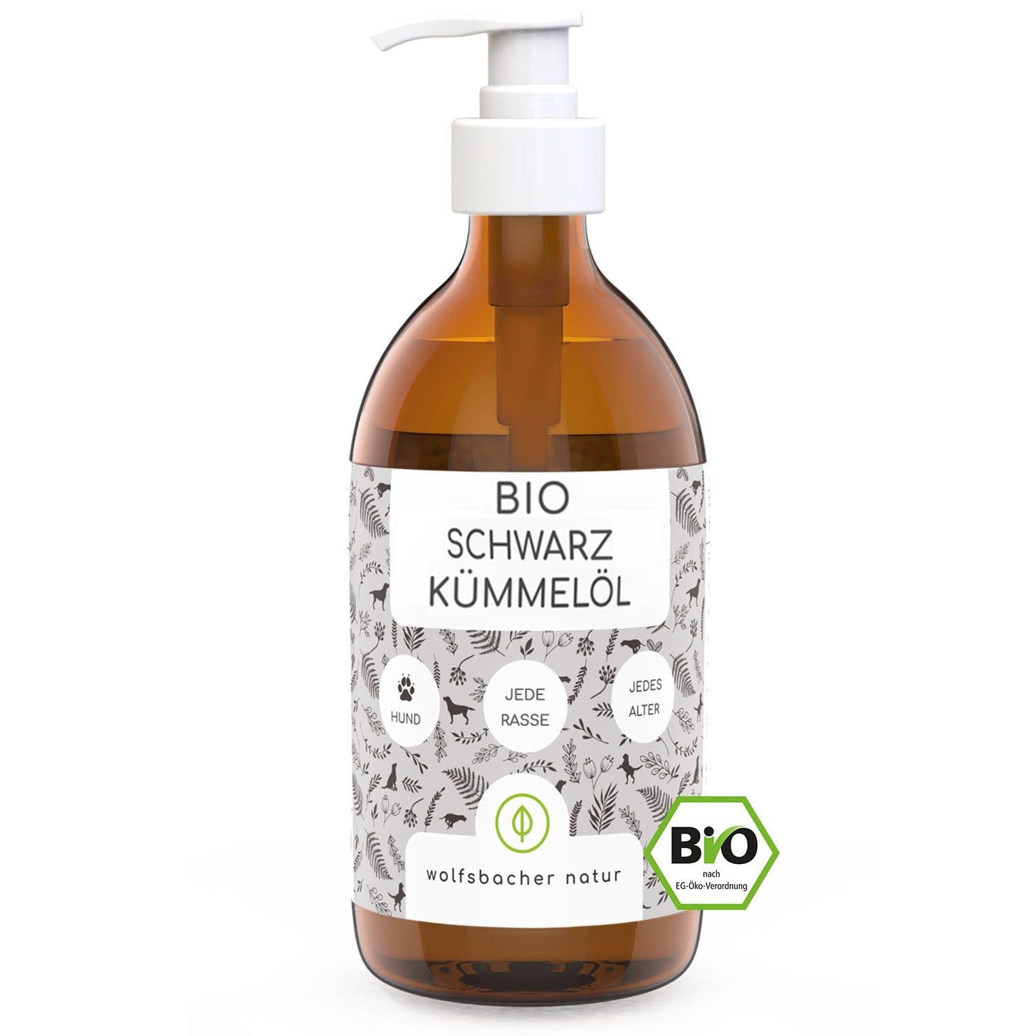 Braune Flasche mit weißem Pumpkopf. Etikett mit Text: BIO SCHWARZKÜMMELÖL. Bio-Siegel. Aufschrift: Hund, jede Rasse, jedes Alter.