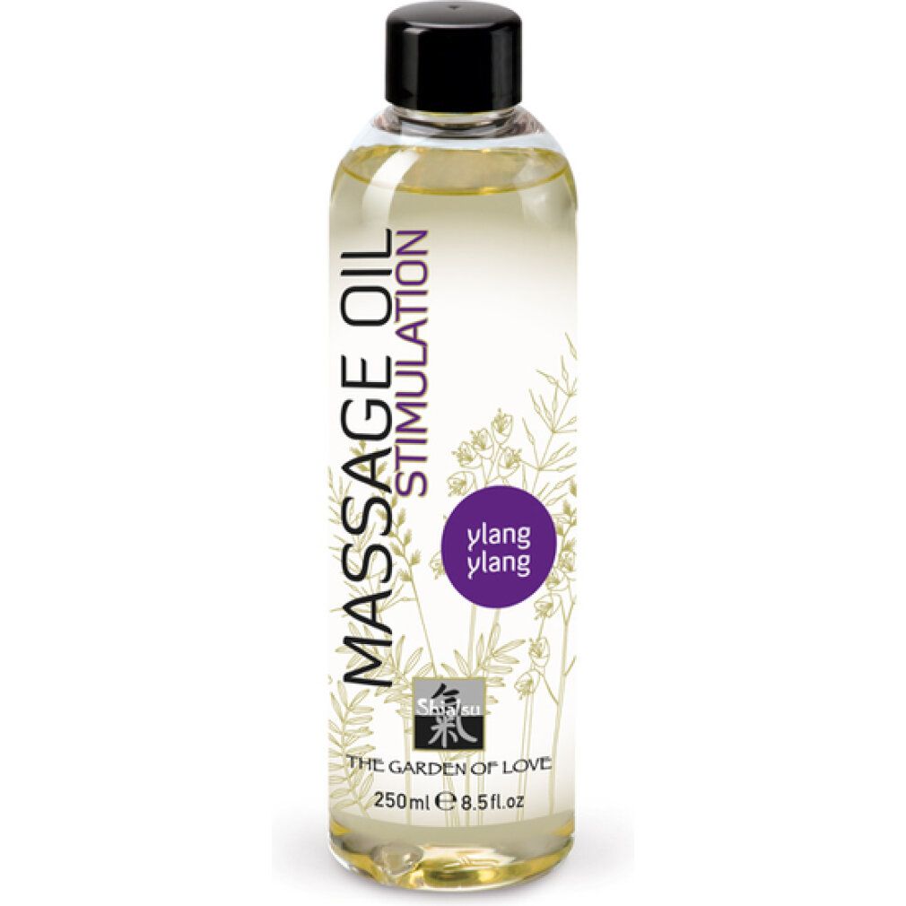 Massageöl-Flasche mit schwarzem Deckel. Aufdruck: Massage Oil Stimulation, Ylang Ylang, The Garden of Love.
