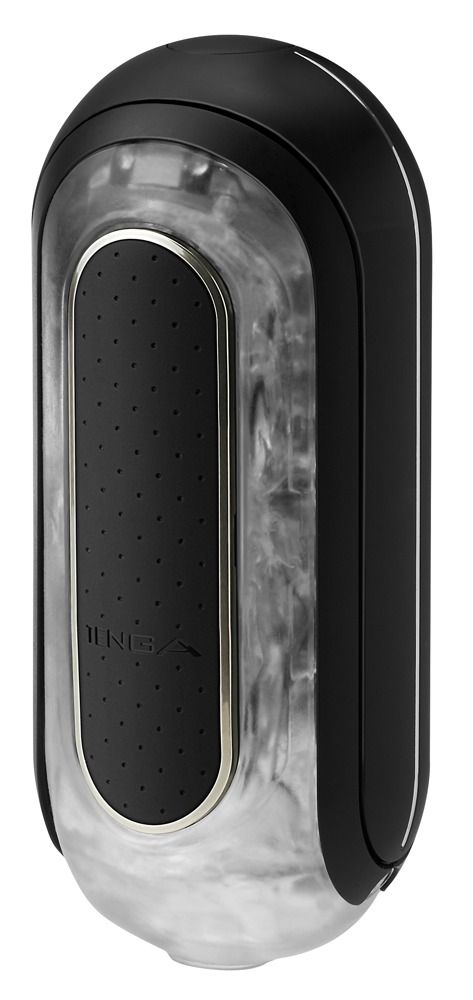 Schwarzes, ovales Gerät mit transparentem Gehäuse. Gepunktetes Element mit TENGA-Logo. Weißer Hintergrund.
