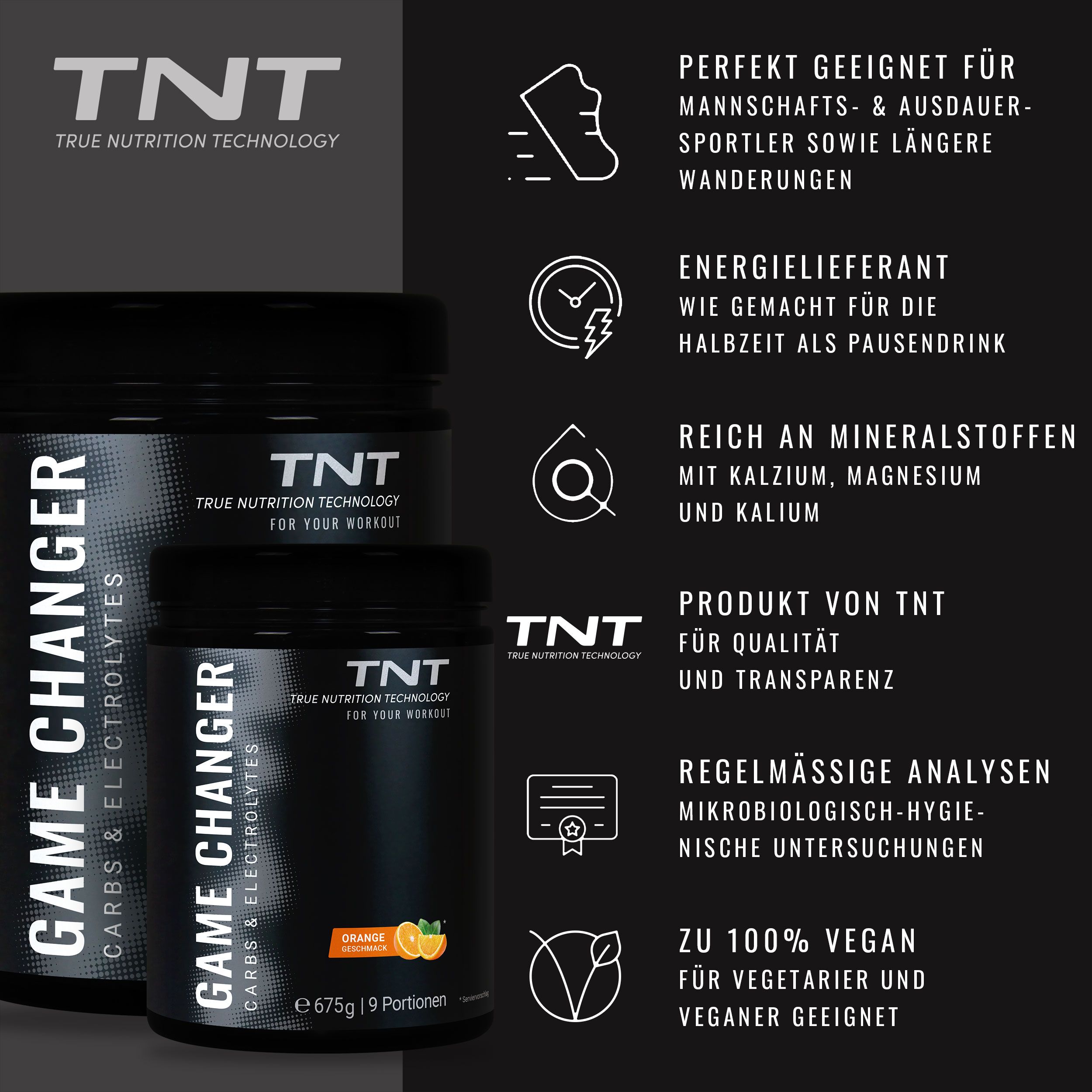 Zwei schwarze Dosen TNT Game Changer. Text: Reich an Mineralstoffen, Produkt von TNT, vegan.