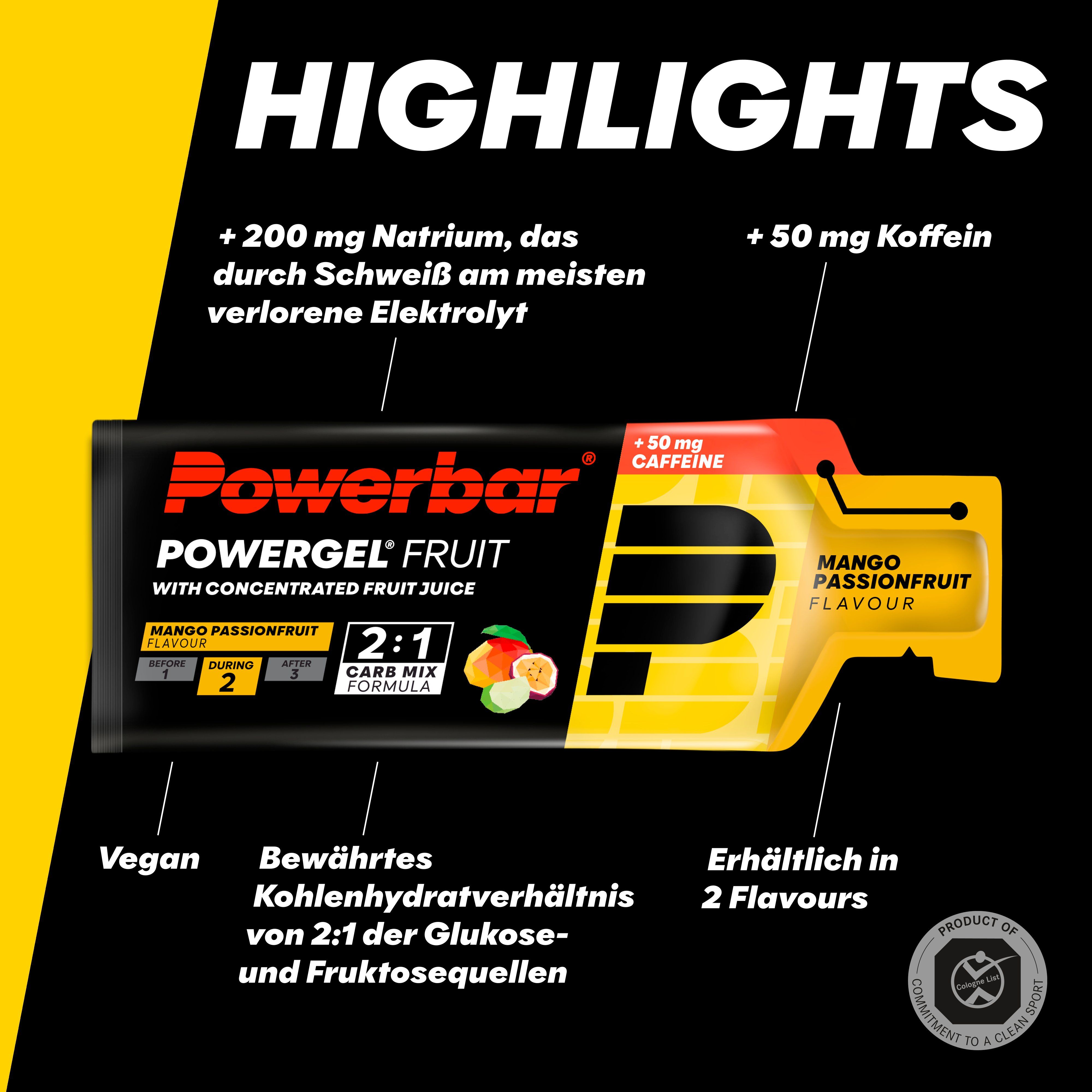 PowerBar PowerGel Fruit-Beutel mit Mango-Maracuja-Geschmack. Enthält 50 mg Koffein. Text: 2:1 Carb Mix Formula. Schwarzer Hintergrund.