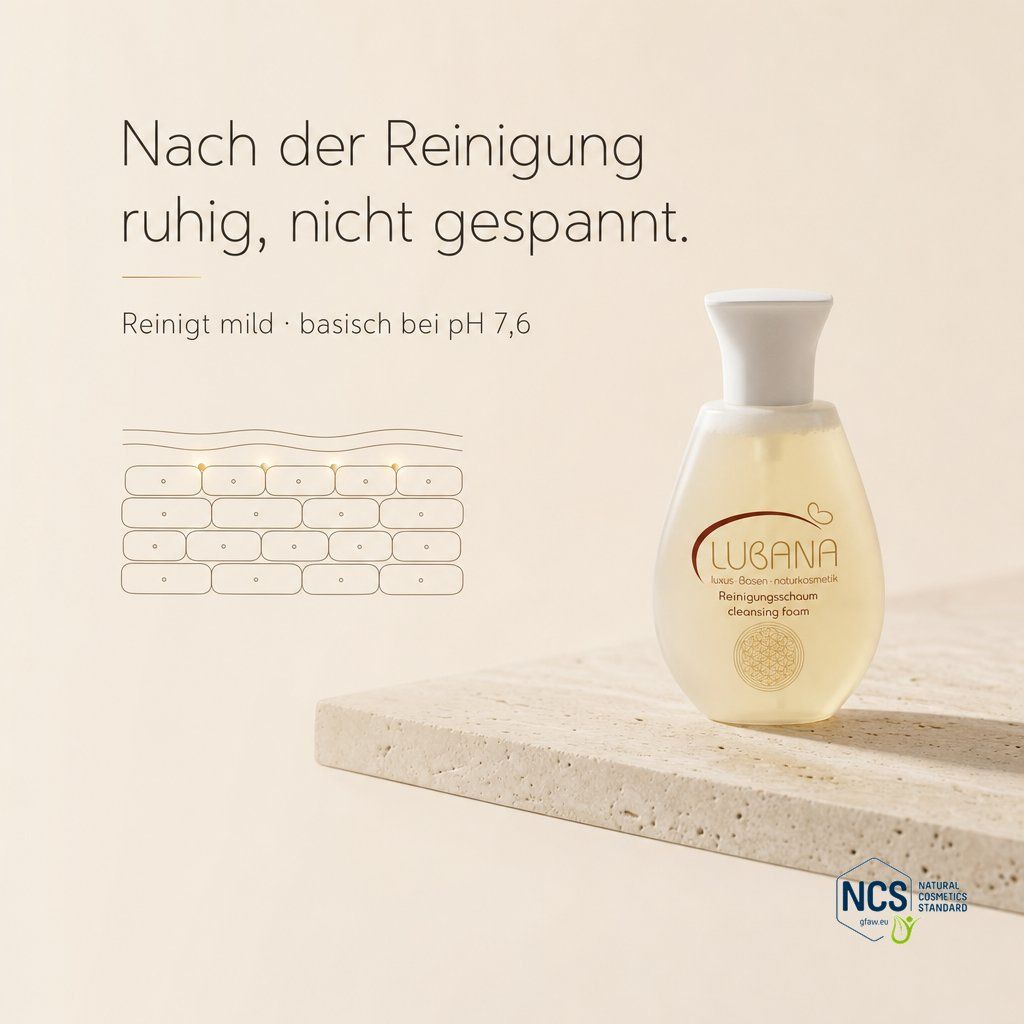 Lubana Reinigungsschaum Flasche neben Hautschichten-Grafik.
