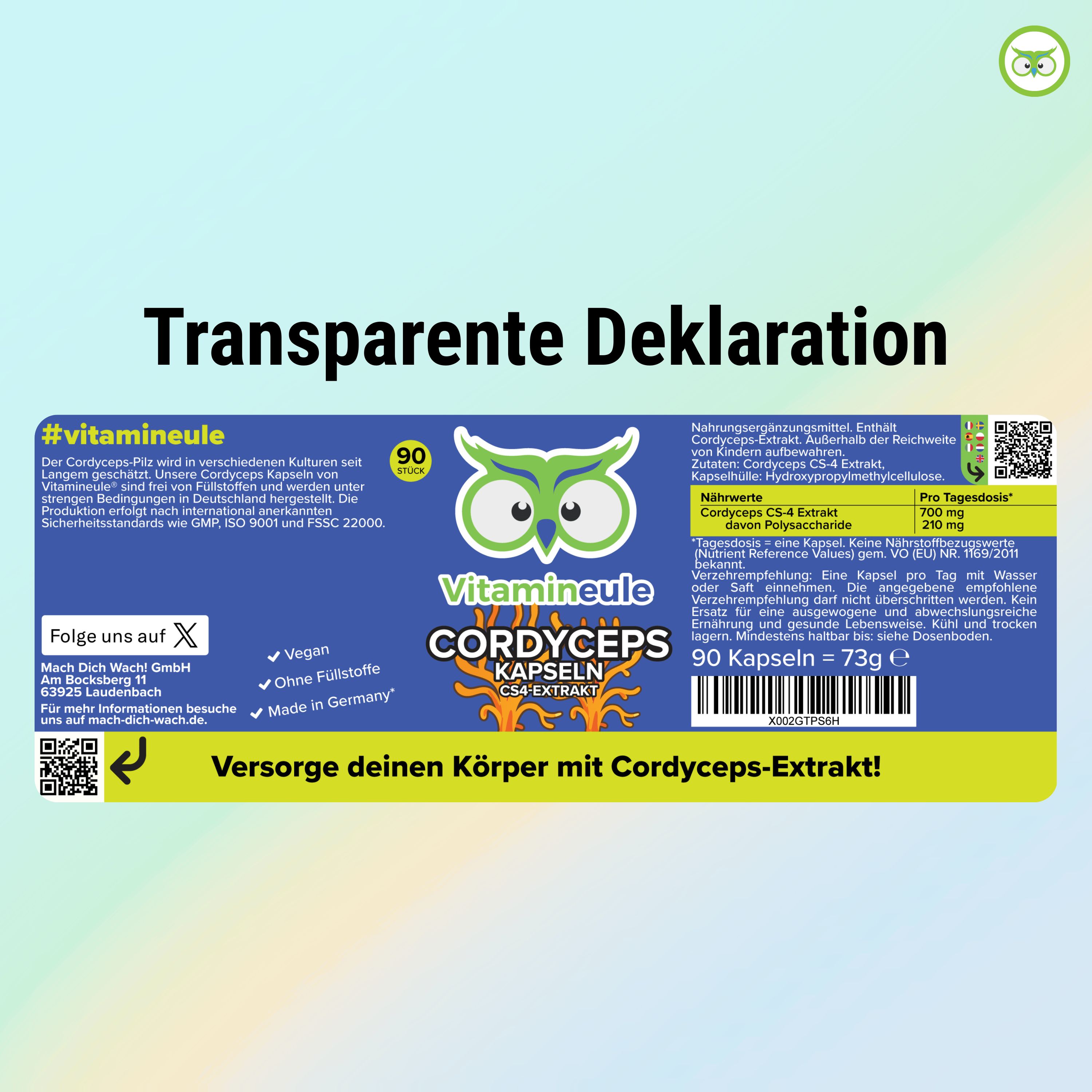 Produktetikett mit Informationen zu Cordyceps Kapseln. Enthält Angaben zu Inhaltsstoffen, Dosierung, Zertifizierungen und Herstellerinformationen.