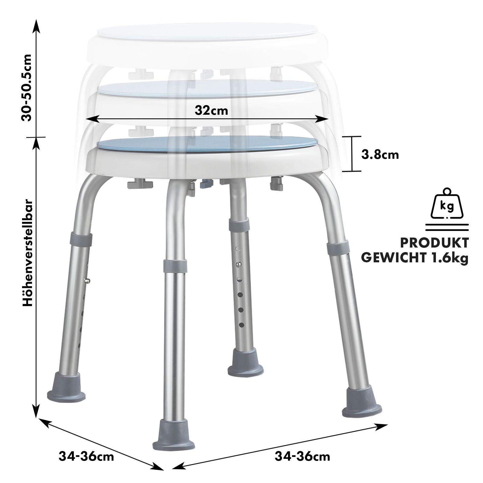 Höhenverstellbarer Duschhocker mit blauem Sitz. Maße: 32 cm Durchmesser, 30-50.5 cm Höhe, 34-36 cm Basis. Gewicht: 1.6 kg.