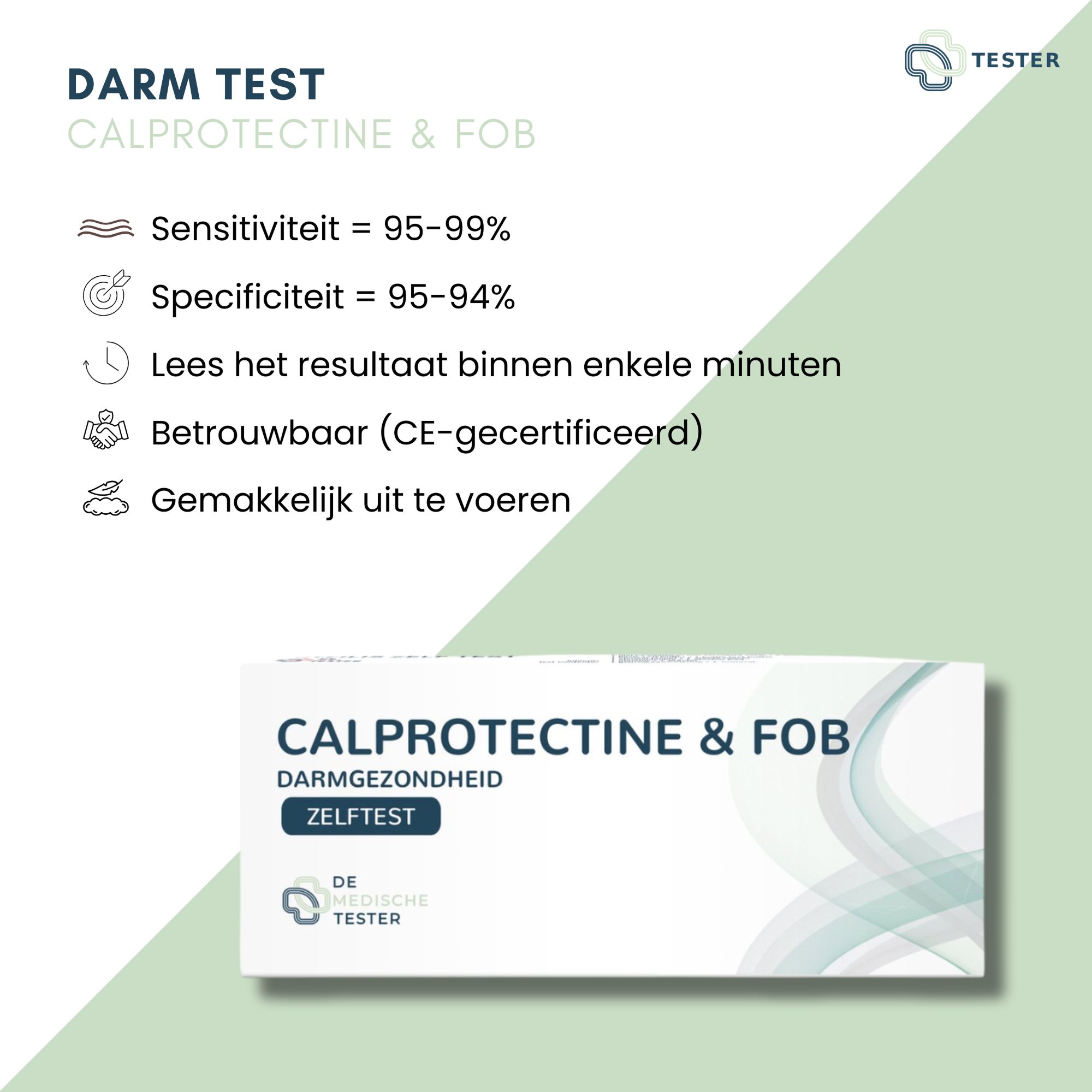 Infografik mit Text: Darm Test, Calprotectine & FOB. Sensitivität 95-99%, Spezifität 95-94%. CE-zertifiziert. Produktabbildung.