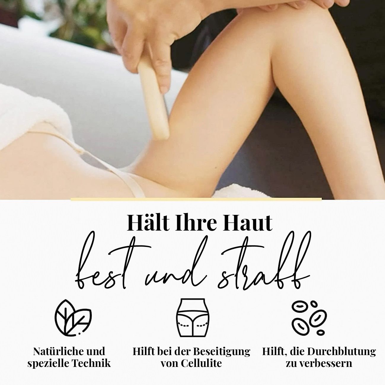 Massagegerät auf Arm angewendet. Text: Hält Ihre Haut fest und straff.