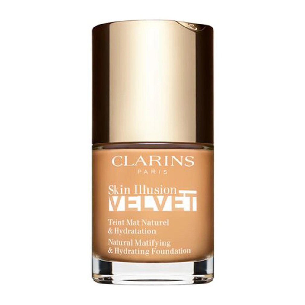 Clarins Skin Illusion Velvet Foundation. Goldfarbener Deckel, braune Flüssigkeit. Text: Natural Matifying & Hydrating Foundation.