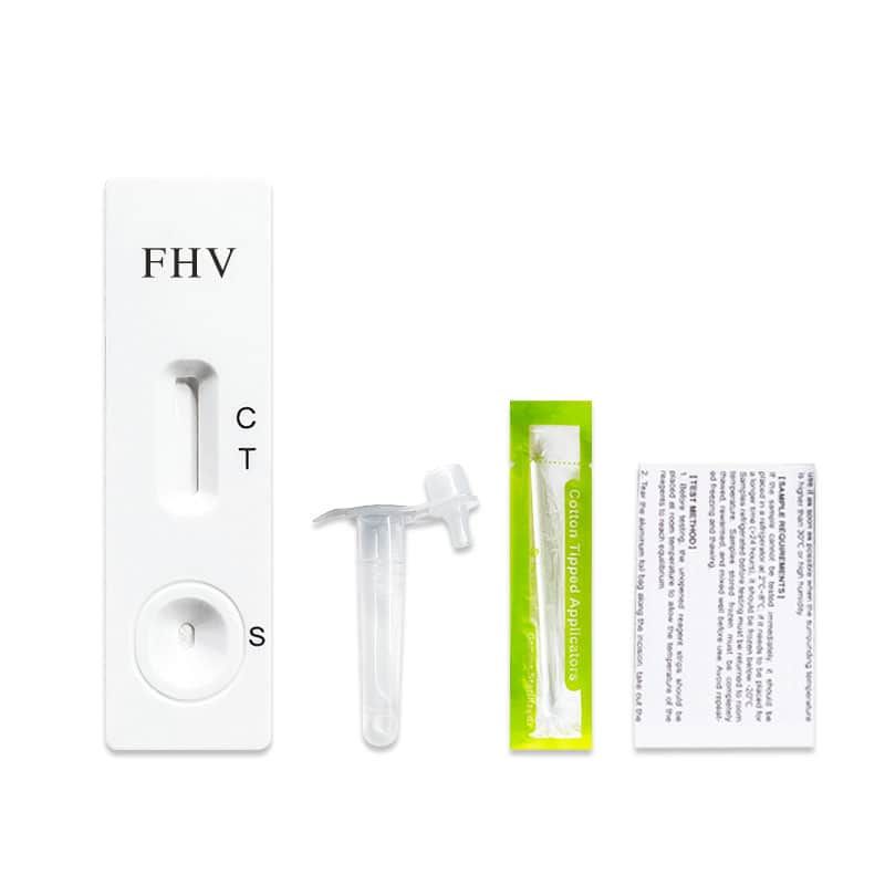 Feline Herpes Virus Antigen Test Kit: Testkassette, Probenröhrchen, Tupfer und Anleitung.