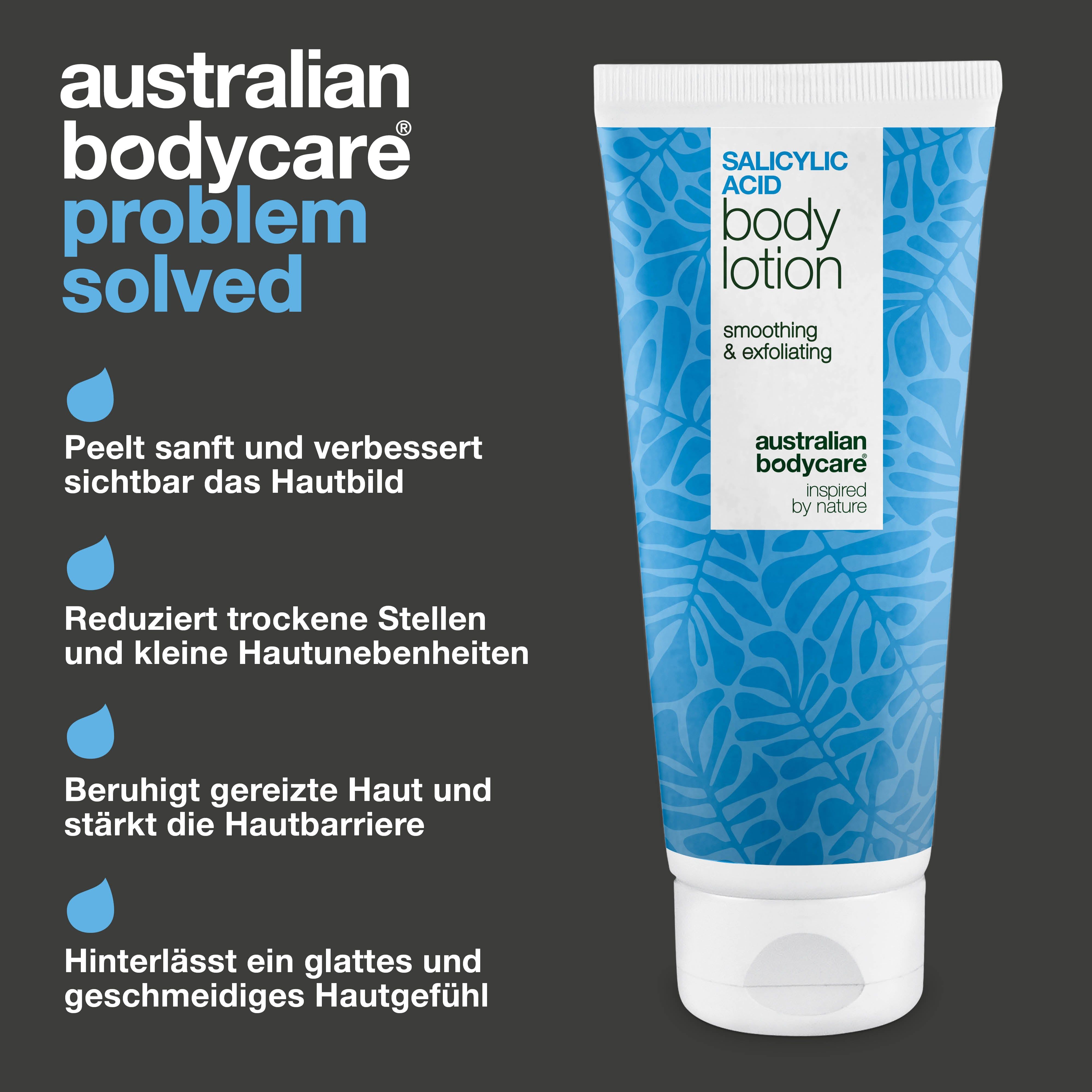 Tube "Salicylsäure Body Lotion". Text: Peelt, reduziert, beruhigt, glättet.