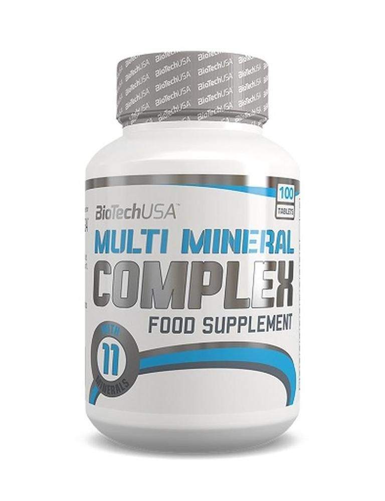 Weiße Flasche mit Schraubverschluss. Aufschrift: BioTechUSA Multi Mineral Complex, 100 Tabletten. Blaues und graues Design.