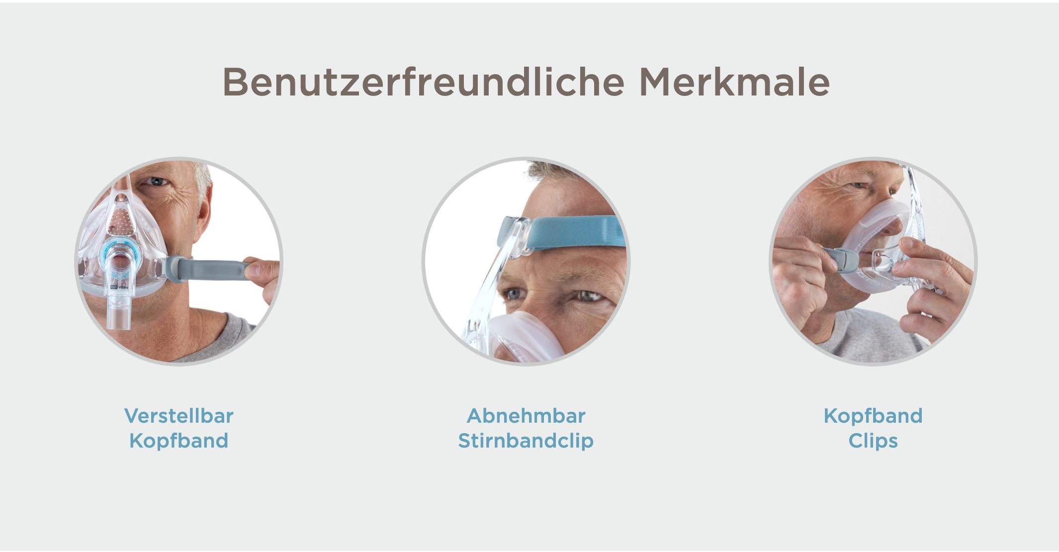 Drei Bilder zeigen Funktionen: verstellbares Kopfband, Stirnbandclip, Kopfband-Clips.