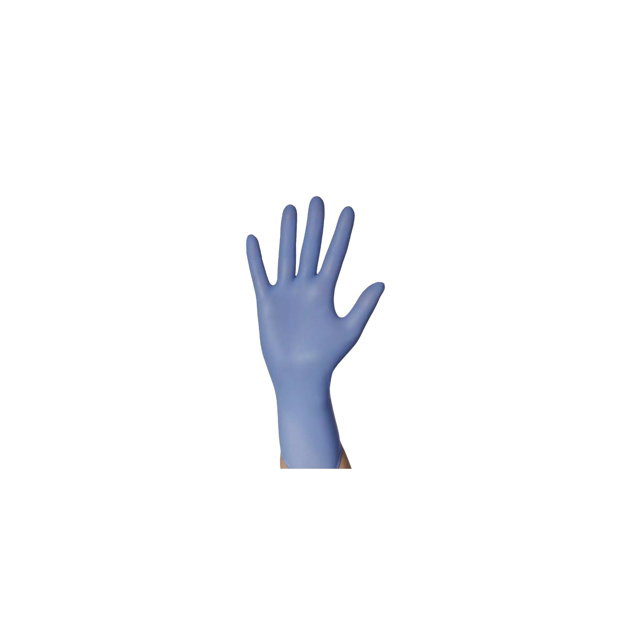 Ein blauer Nitril-Untersuchungshandschuh an einer Hand, Finger gespreizt.
