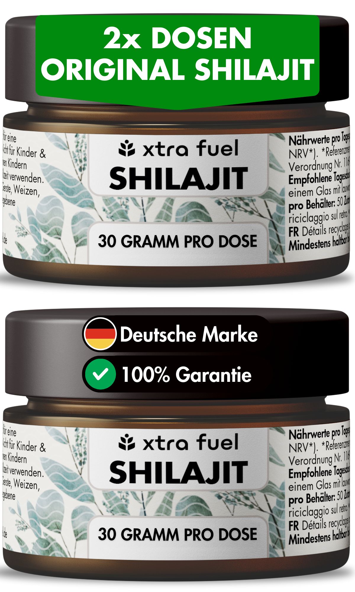 Zwei Dosen Shilajit. Text: 2x Dosen Original Shilajit. 30 Gramm pro Dose. Deutsche Marke, 100% Garantie.