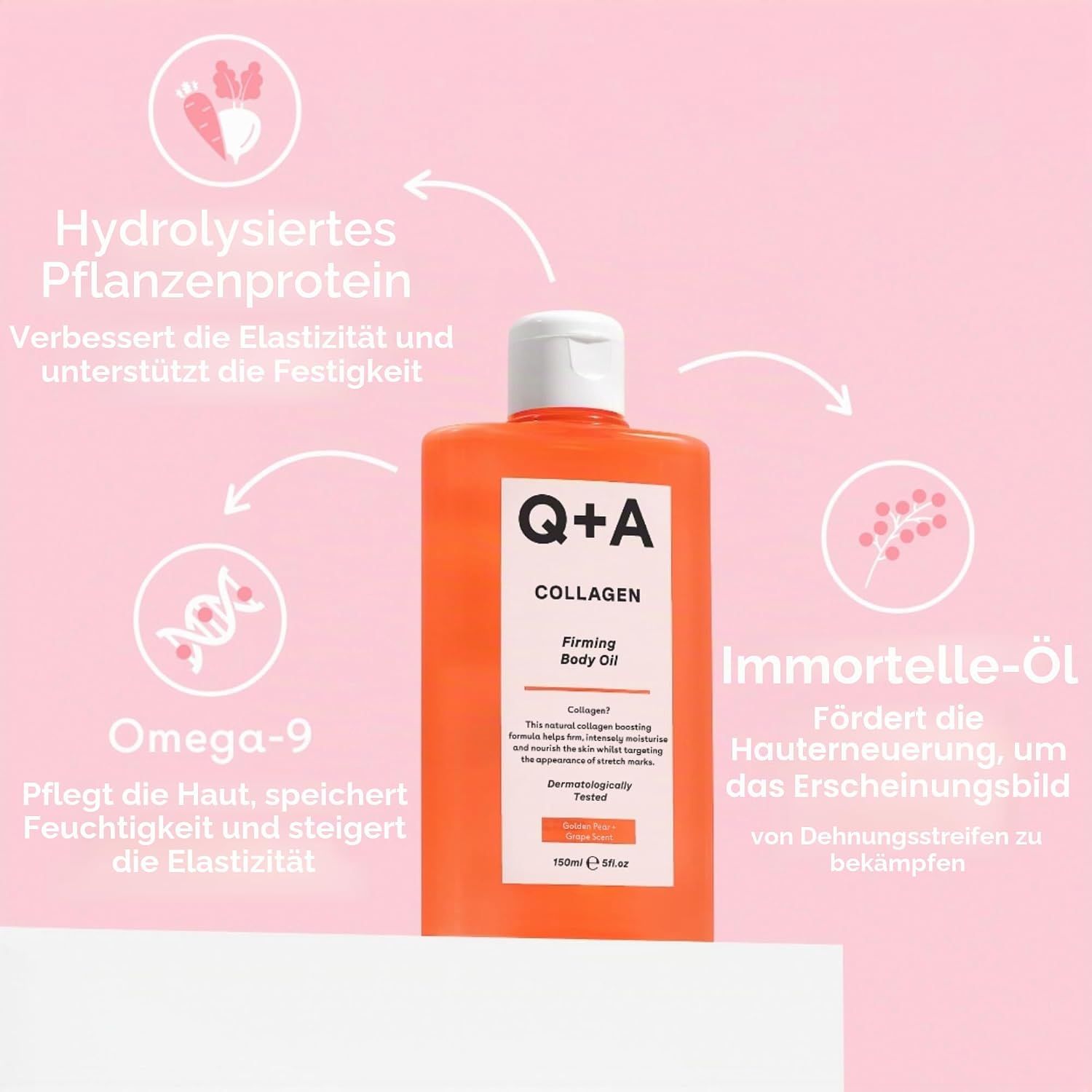 Q+A Kollagen Straffendes Körperöl in roter Flasche, 150 ml.