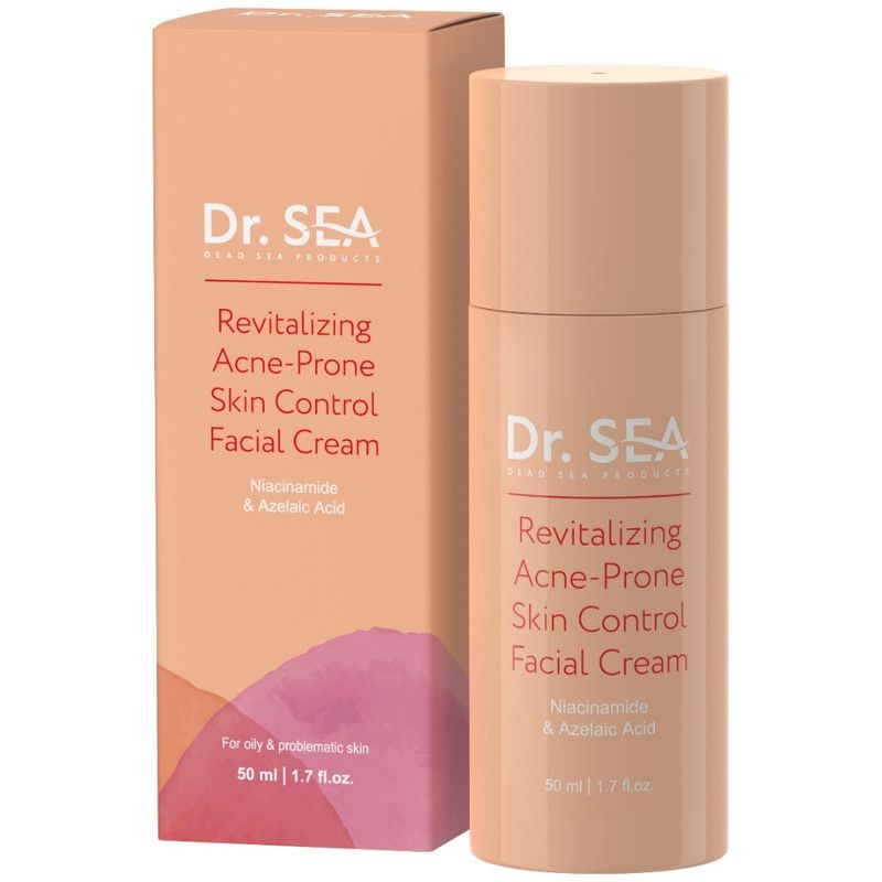 Creme-Tube und -Verpackung. Aufschrift: DR. SEA, Revitalizing Acne-Prone Skin Control Facial Cream.