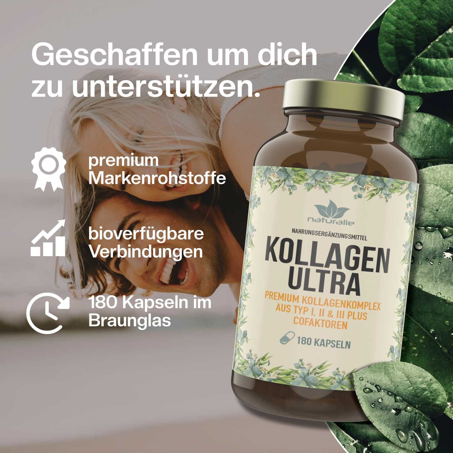 Flasche mit 180 Kapseln Kollagen Ultra, Nahrungsergänzungsmittel.
