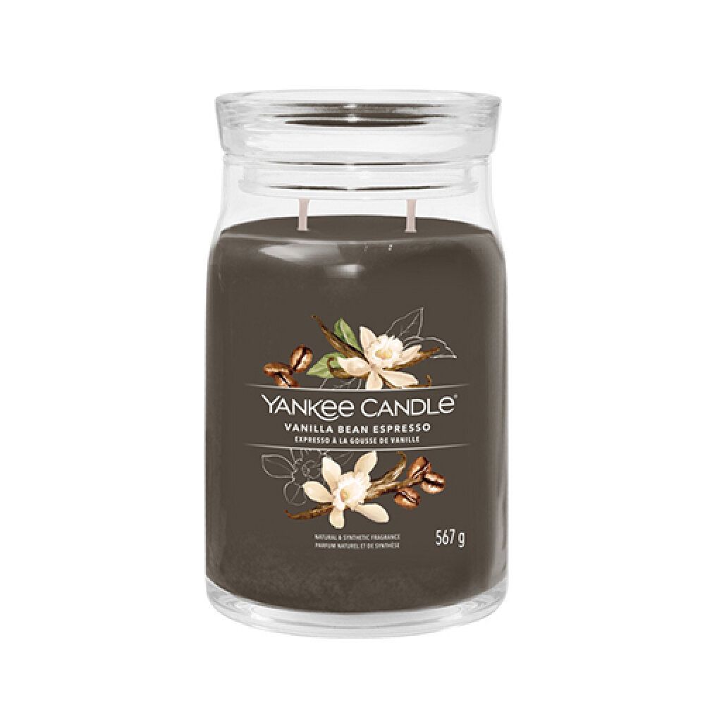 Glasbehälter mit Deckel. Aufschrift: Yankee Candle, Vanilla Bean Espresso, 567 g. Abbildung von Vanilleblüten und Kaffeebohnen.