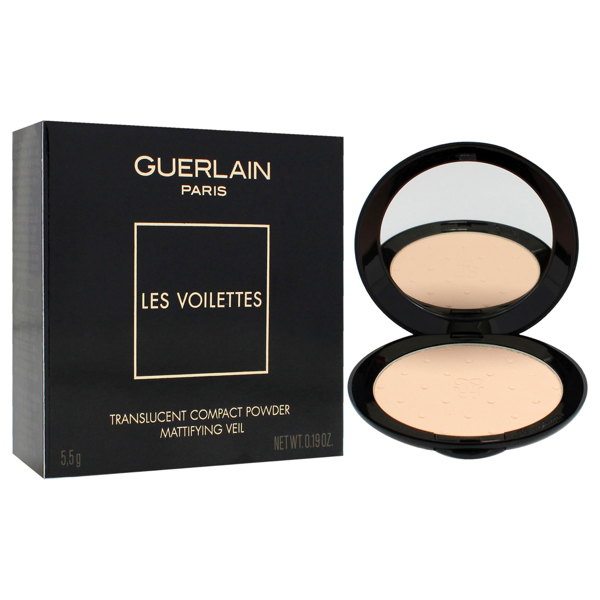 Kompaktpuder mit Spiegel. Schwarze Hülle, offene Form. Puder hellbeige. Text: Guerlain, Les Voilettes, Translucent Compact Powder, Mattifying Veil.