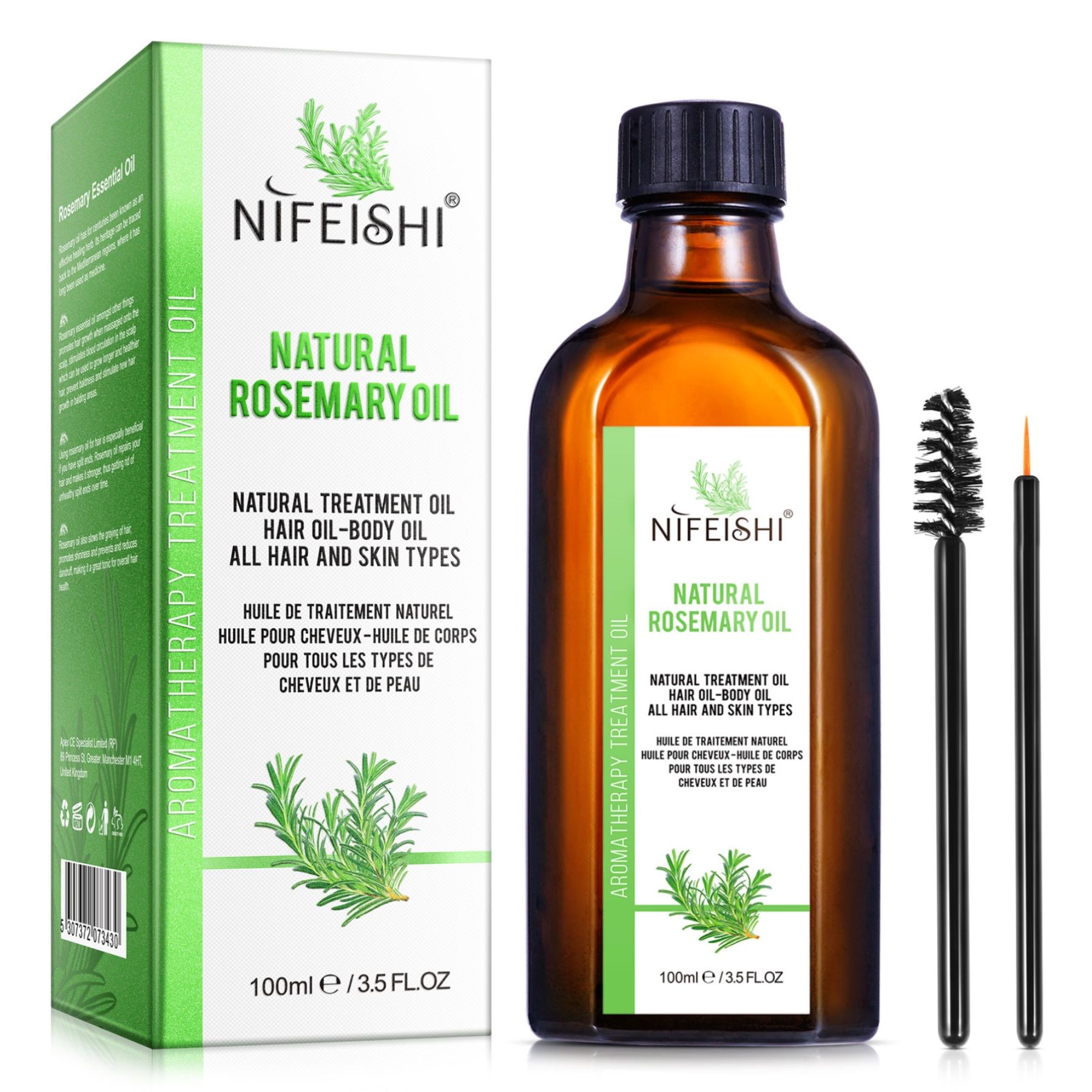 Braune Flasche mit schwarzem Deckel und Verpackung. Text: Natural Rosemary Oil. Zwei Applikatoren.
