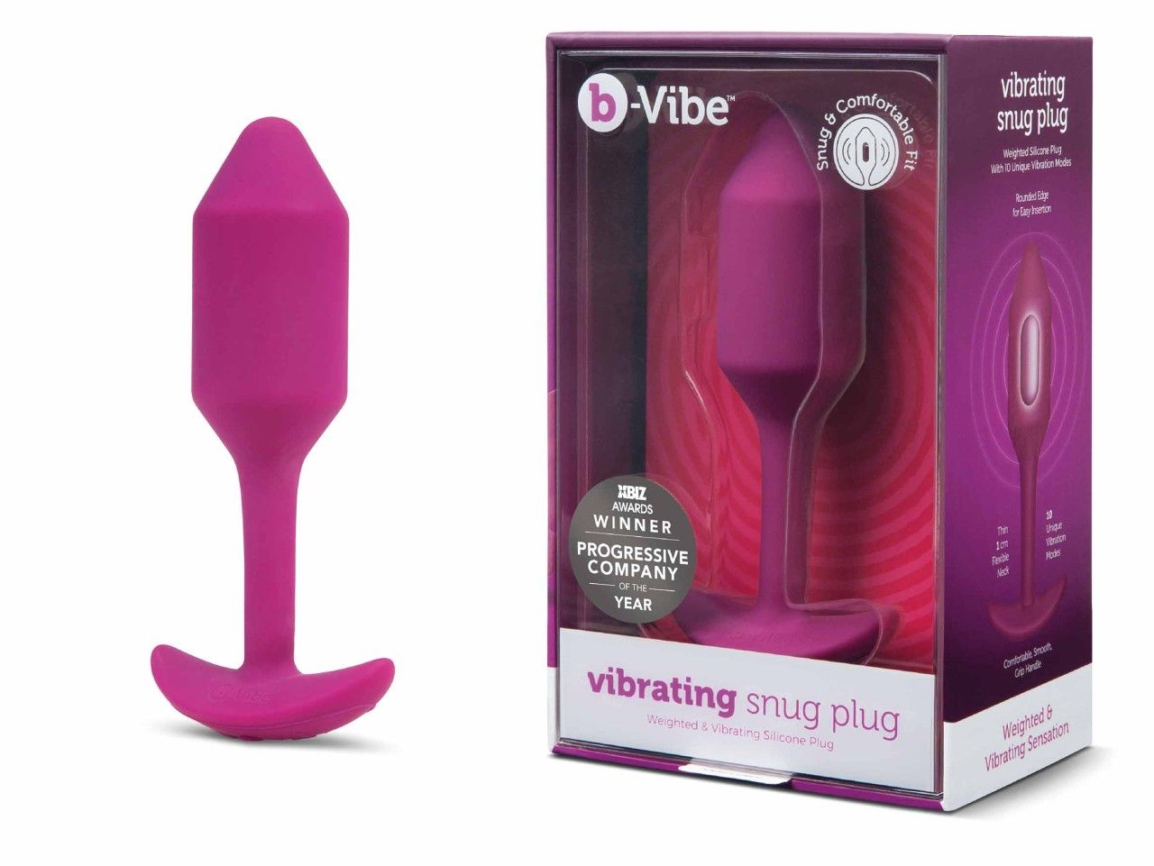 Rosa Plug und Verpackung. Marke b-Vibe, Text: vibrating snug plug. Auszeichnung auf Verpackung.