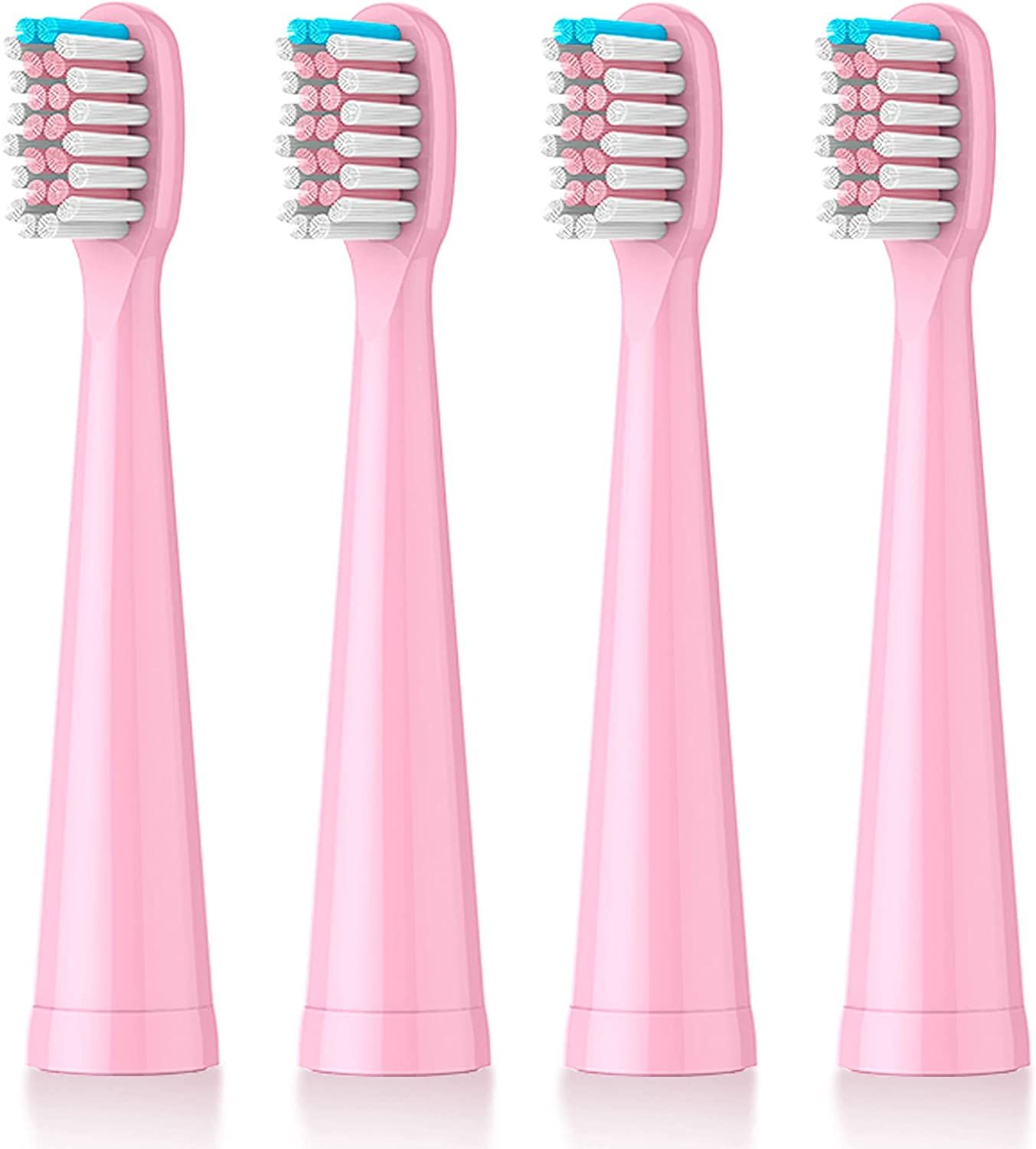 Vier rosa Zahnbürstenköpfe. Borsten weiß und blau. Konische Form, rosa Griff. Für elektrische Zahnbürste.