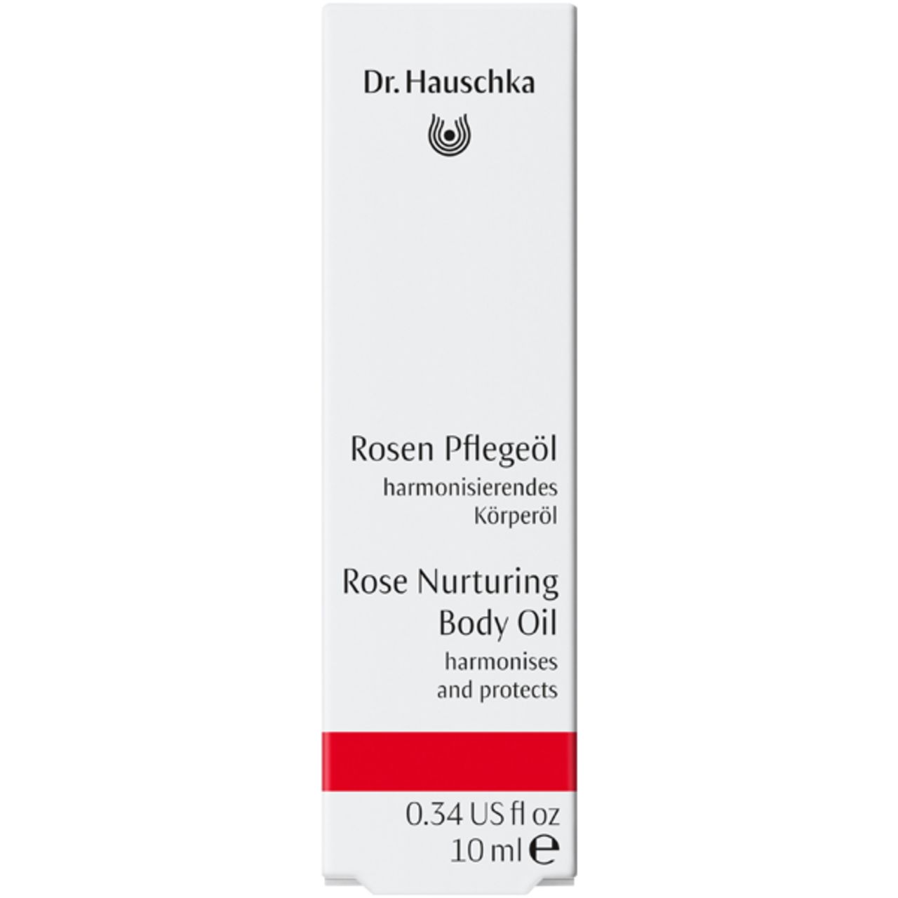 Körperöl-Verpackung mit weißem Etikett. Aufschrift: Dr. Hauschka, Rosen Pflegeöl, Rose Nurturing Body Oil. Roter Streifen und Volumenangabe.