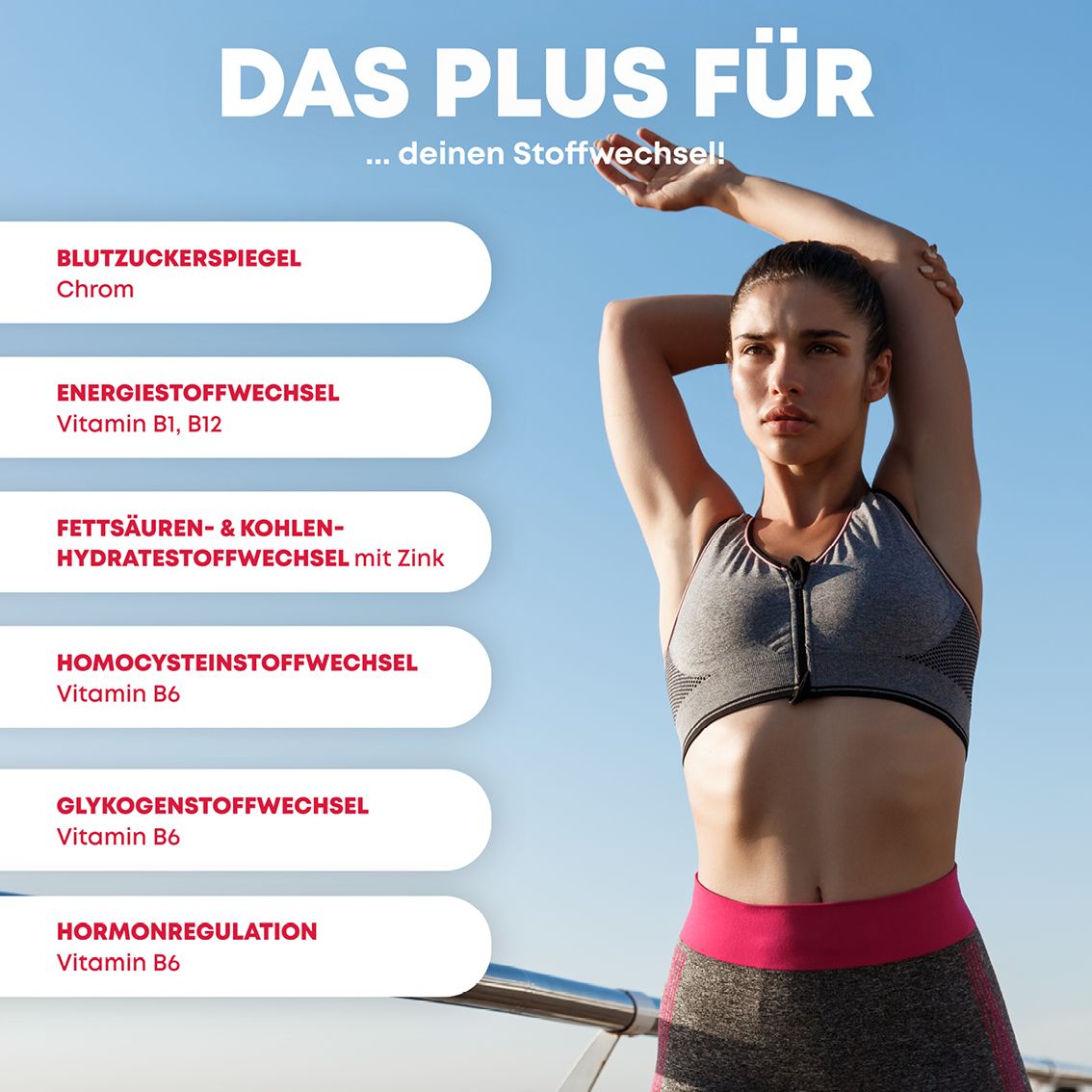 Sportliche Frau dehnt sich, Liste der Vorteile für den Stoffwechsel mit Blut Zucker Komplex.
