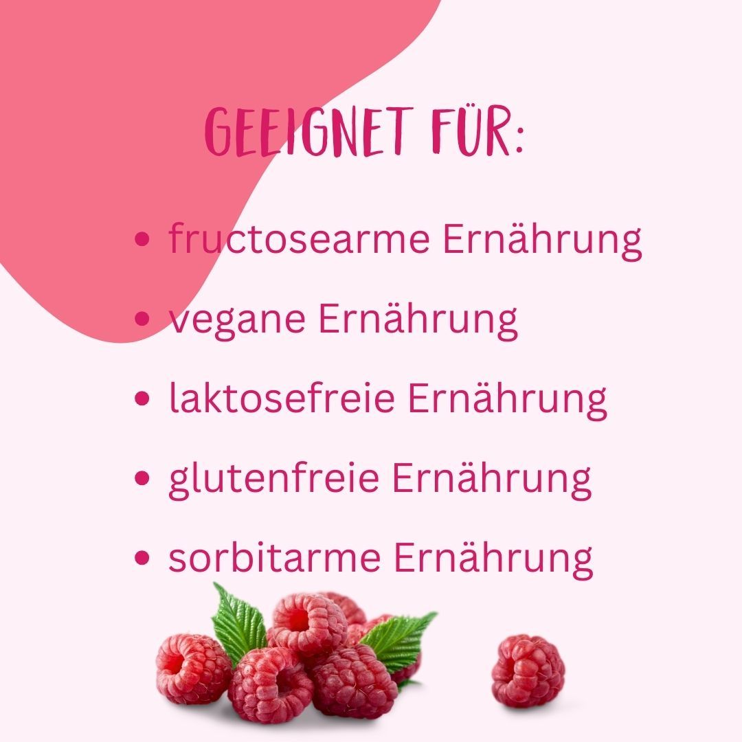 Liste der Eignungen für FRUNIX® Himbeer-Fruchtaufstrich: fructosearm, vegan, laktosefrei, glutenfrei, sorbitarm.