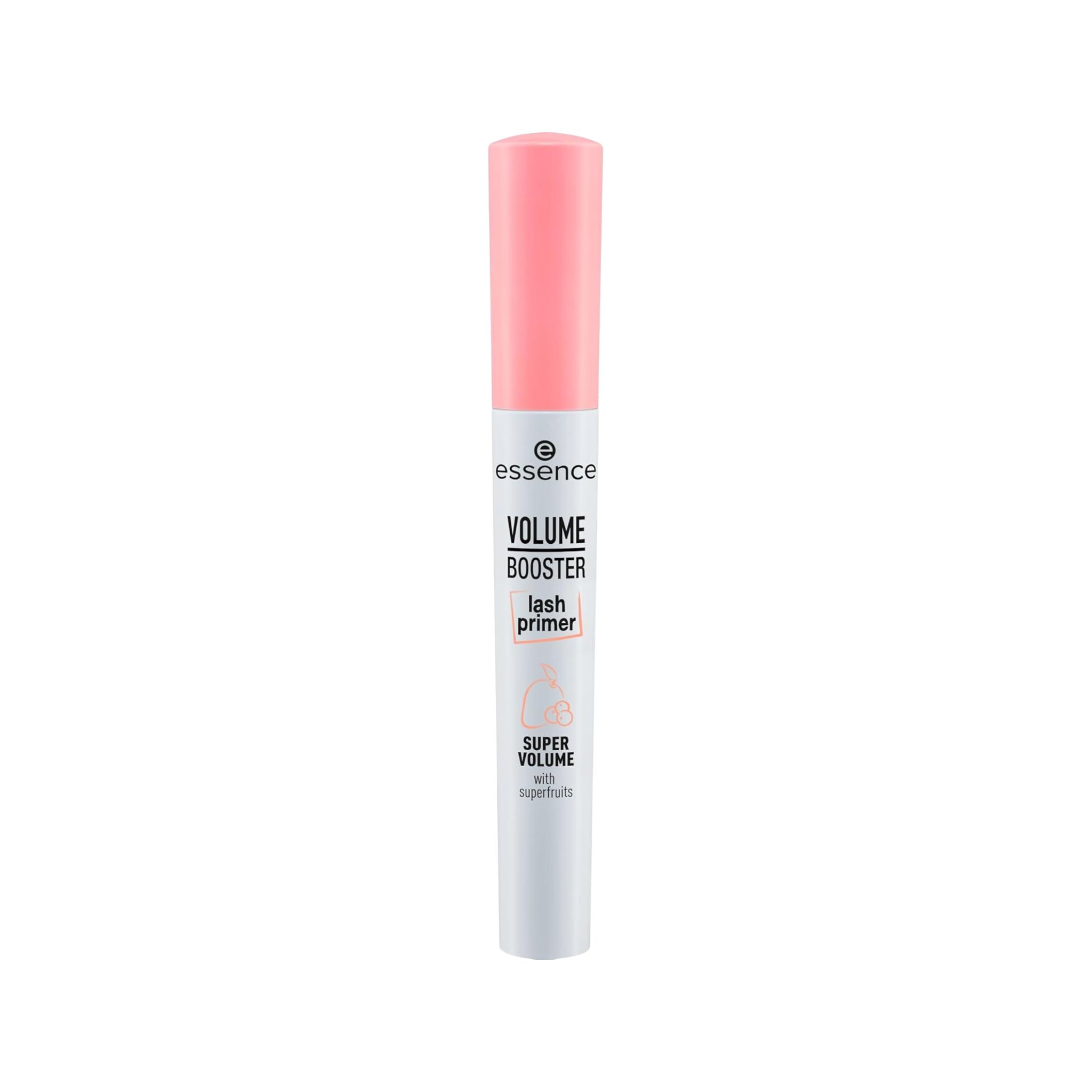 Weiße Mascarahülse mit rosa Deckel. Text: Essence, Volume Booster, Lash Primer, Super Volume.