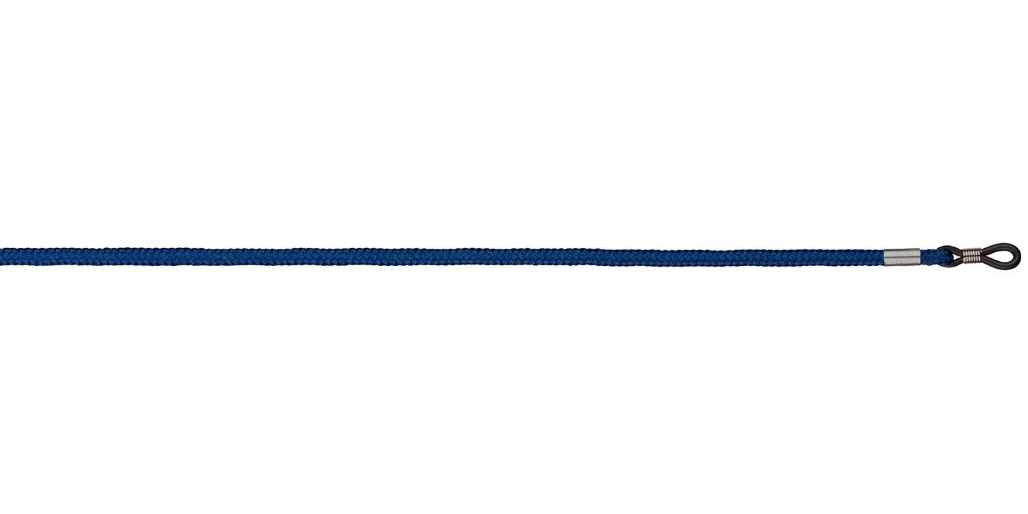 Dunkelblaues Brillenband, gerade Ansicht. Rundes Textilband mit Metallenden und Schlaufen für Brillen.