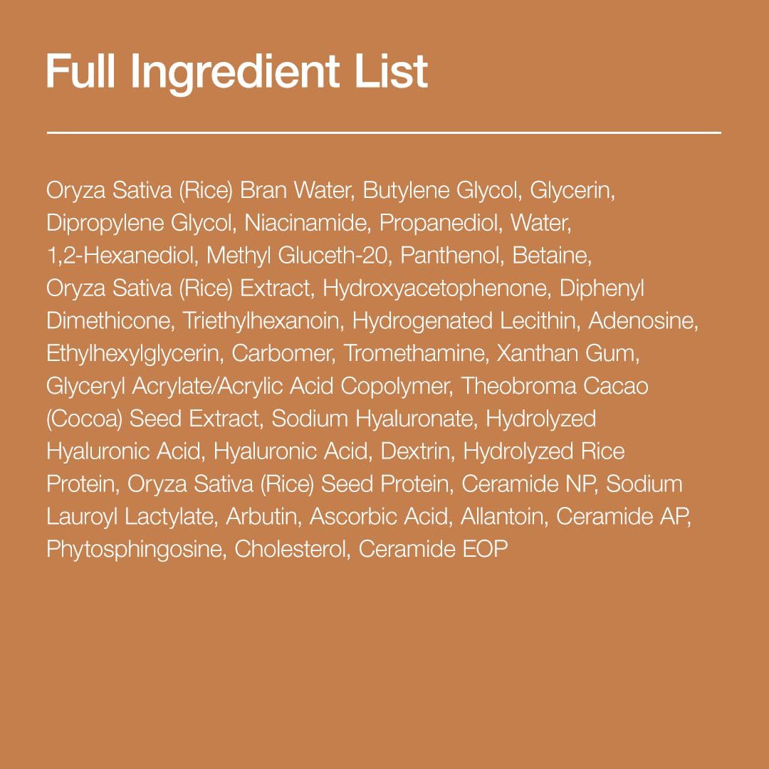 Textfeld mit vollständiger Zutatenliste. Enthält: Oryza Sativa (Rice) Bran Water, Butylene Glycol, Glycerin, Dipropylene Glycol, Niacinamide.