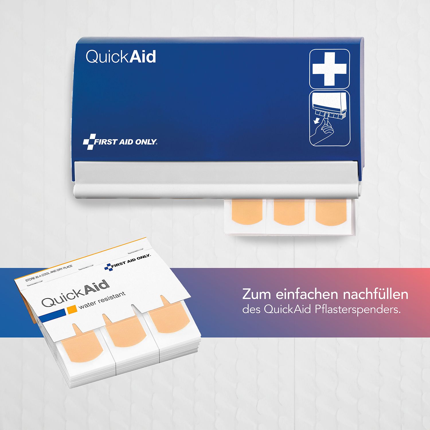 QuickAid Pflasterspender mit Nachfüllpackung. Blaue Spenderbox mit weißem Kreuz. Pflaster werden entnommen. Packung mit Pflastern daneben.