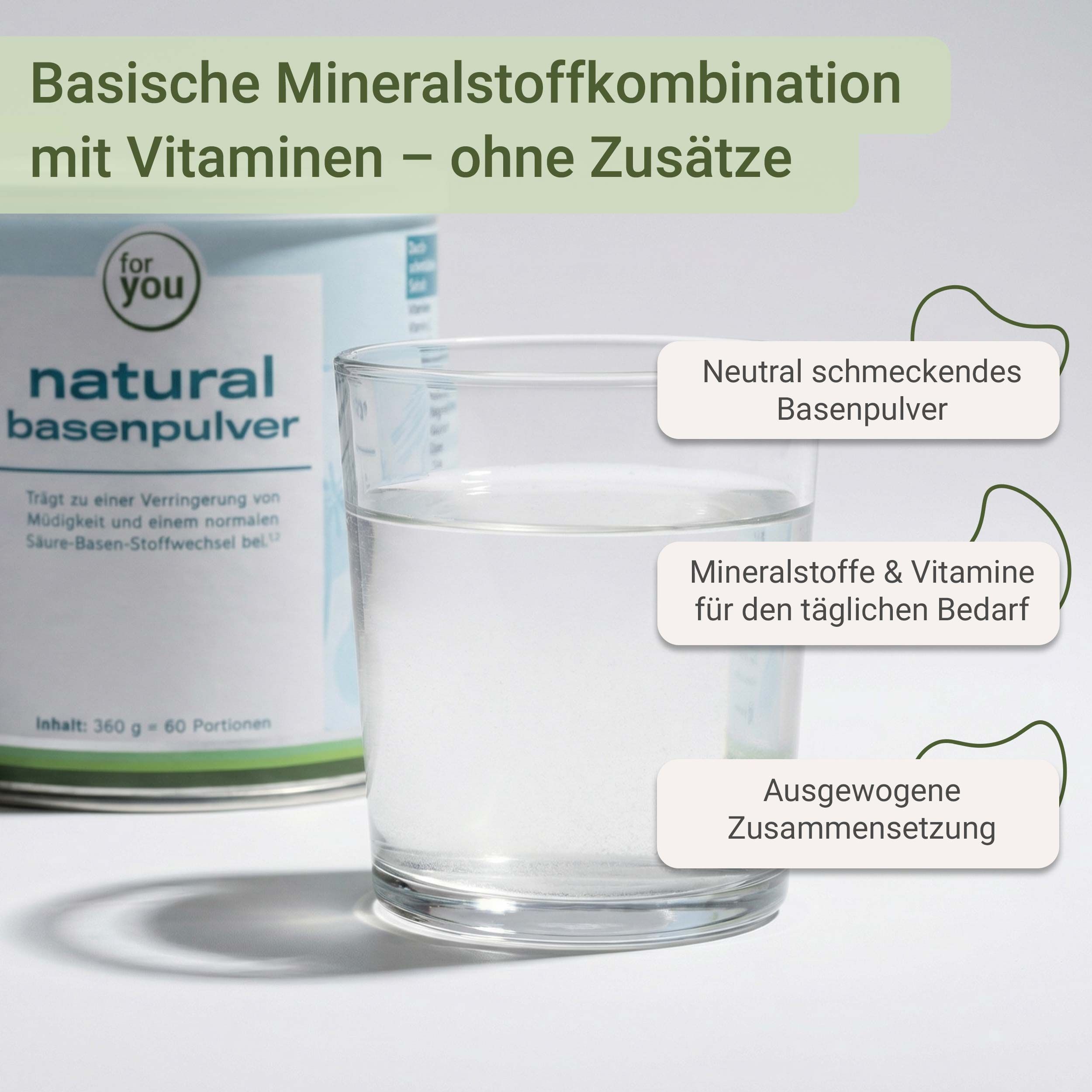 Becher mit Wasser und Dose. Aufschrift: for you natural basenpulver. Text: Basische Mineralstoffkombination mit Vitaminen - ohne Zusätze.