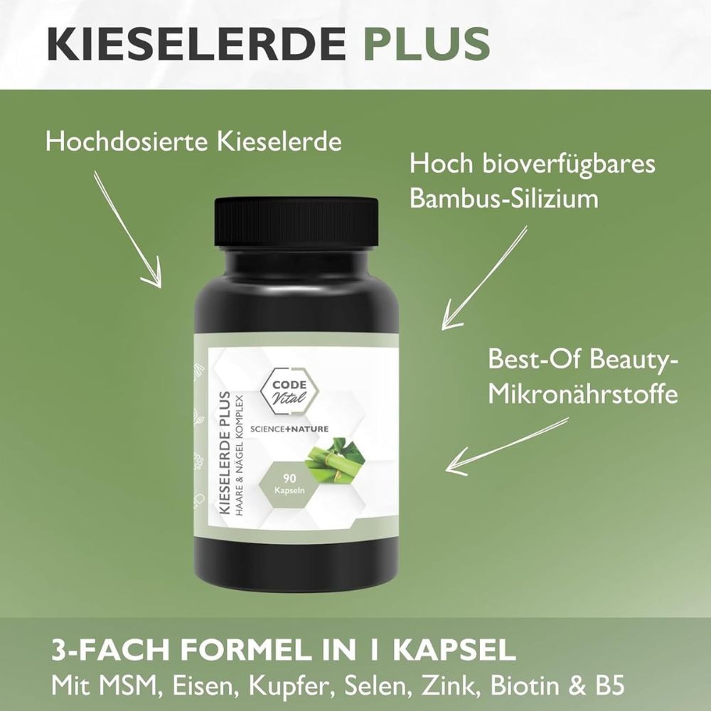 Schwarze Flasche CODE Vital Kieselerde Plus. 90 Kapseln. Text: 3-fach Formel in 1 Kapsel. Inhaltsstoffe aufgelistet.