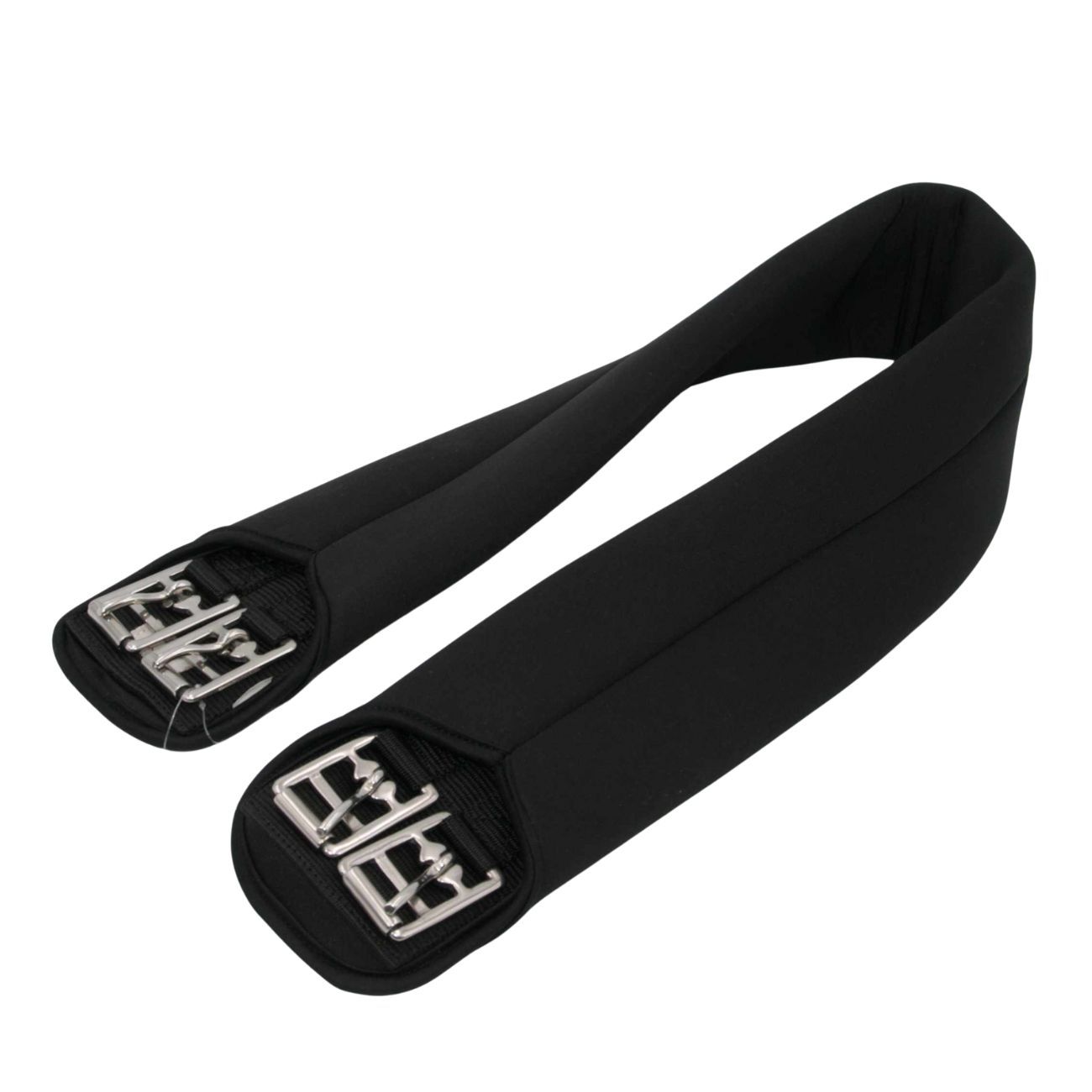 Schwarzer Sattelgurt mit Metallschnallen an beiden Enden.