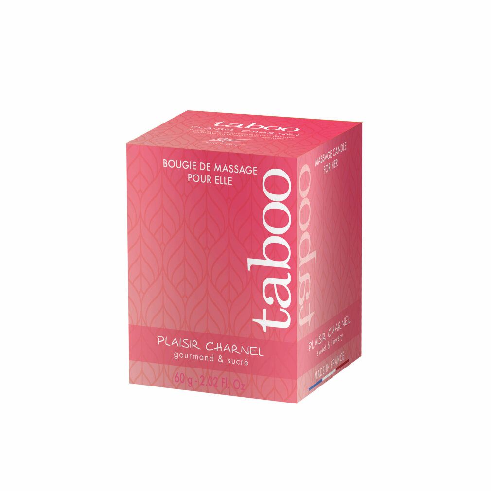 Rote, quadratische Verpackung mit Text und Blattmuster. Die Verpackung hat eine quadratische Form.