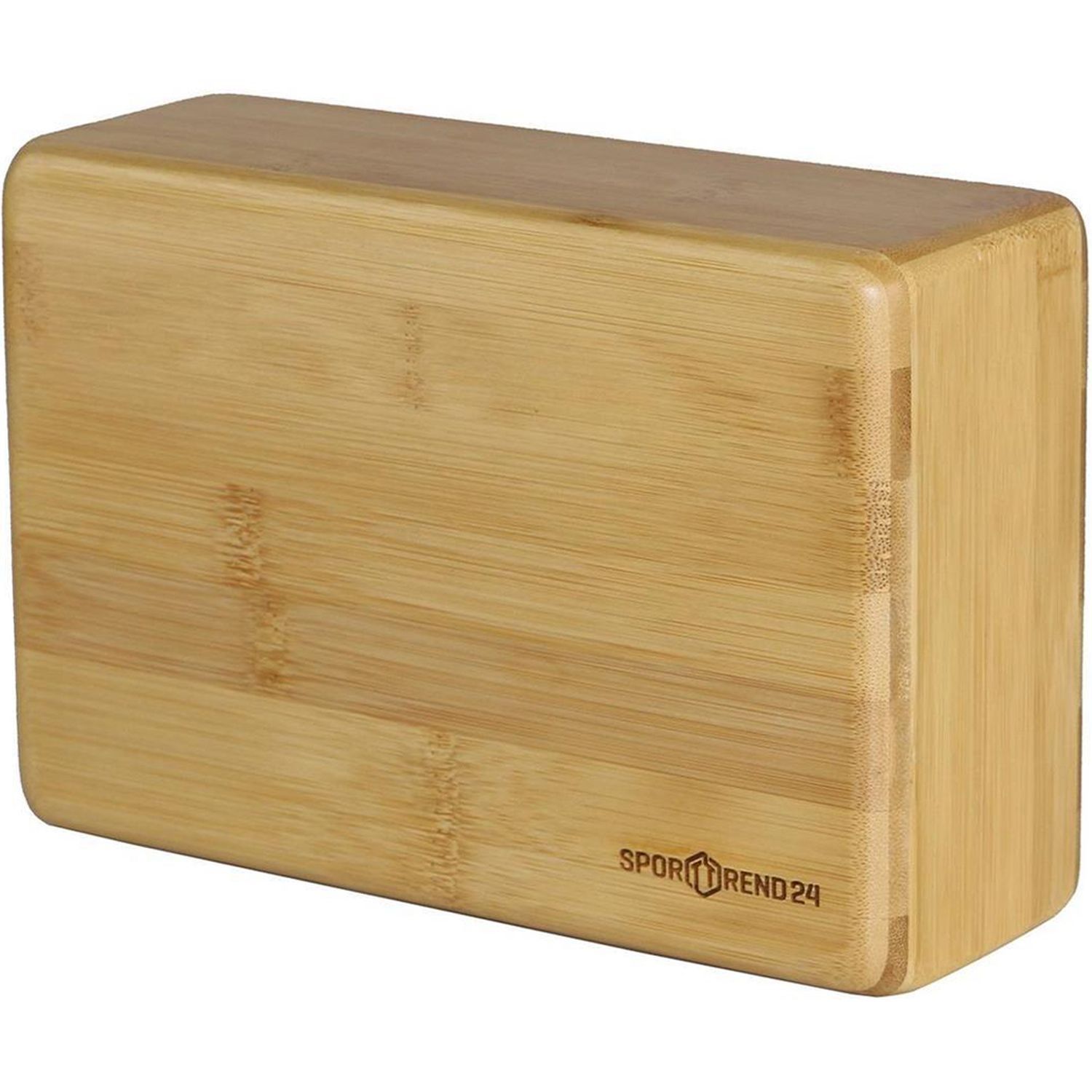 Rechteckiger Yoga-Block aus Bambus. Logo Sporttrend24 auf der Vorderseite.