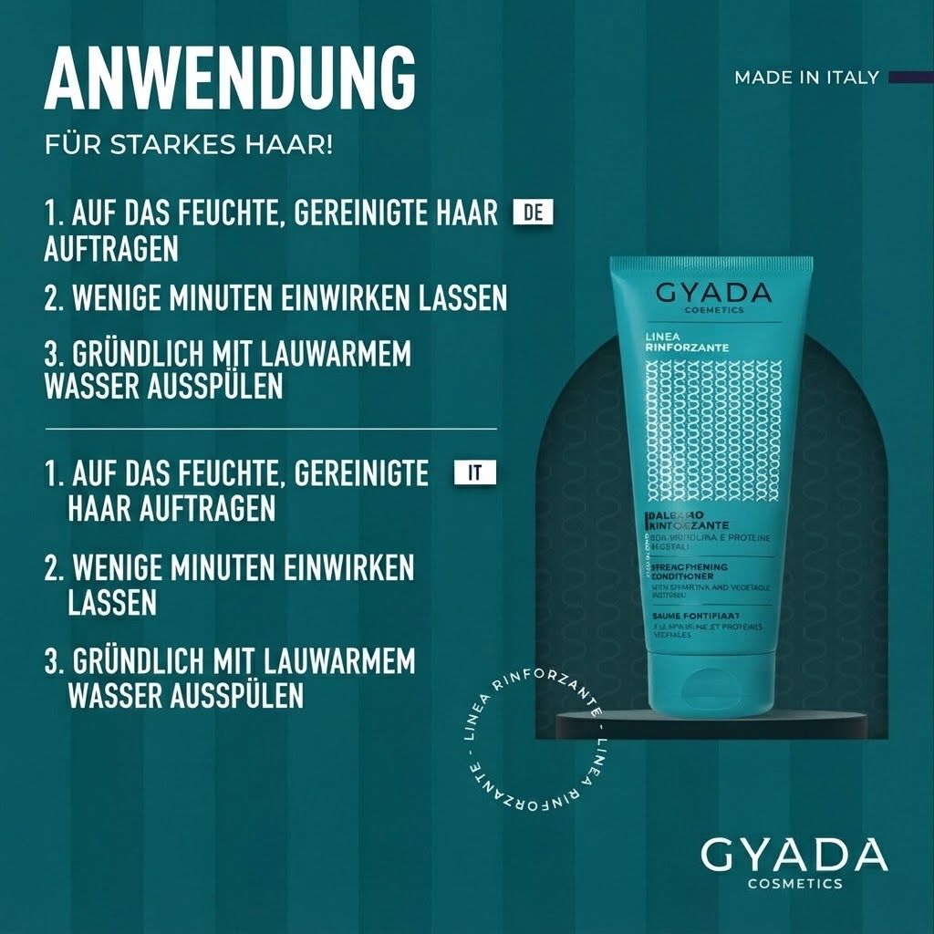Anwendungshinweise für ein Haarprodukt mit Text in Deutsch und Italienisch.