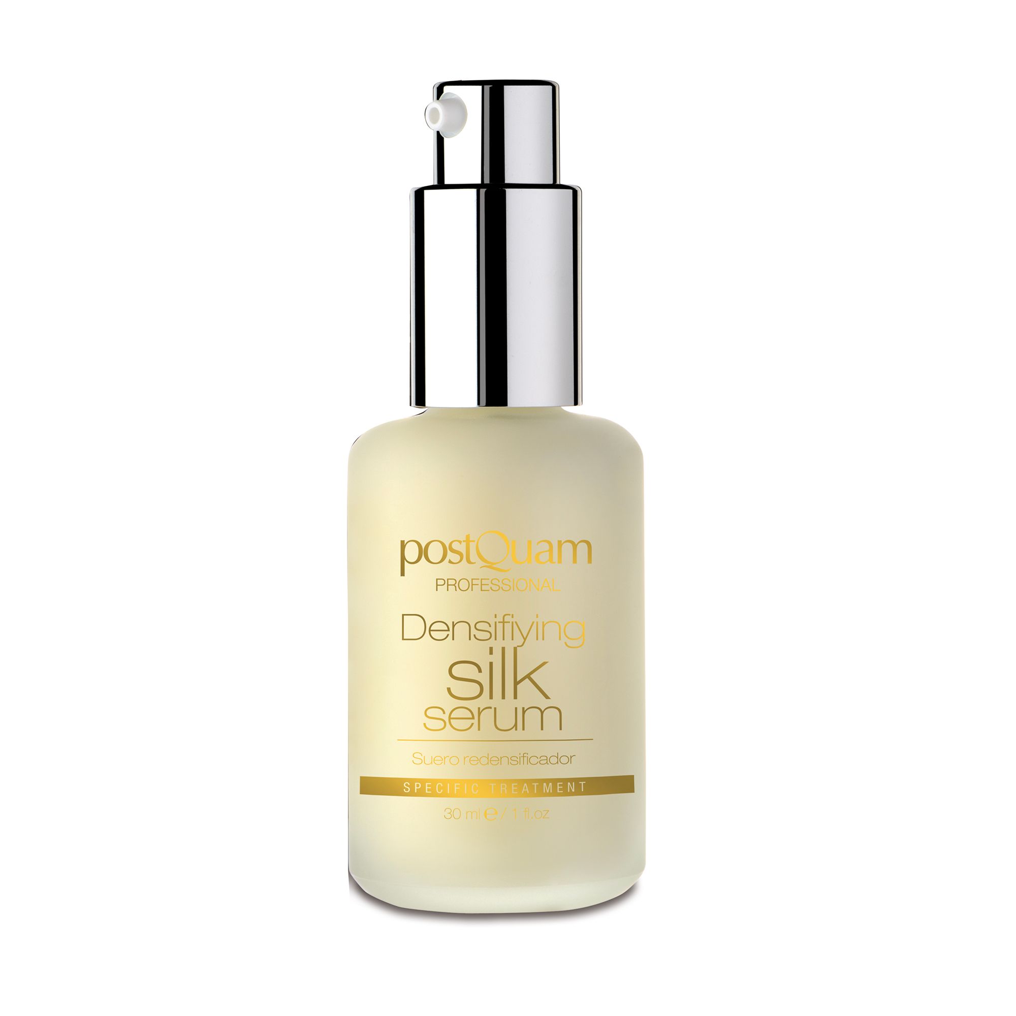 Beige Serumflasche mit silbernem Pumpkopf. Beschriftung: Postquam, Densifying Silk Serum, Specific Treatment.