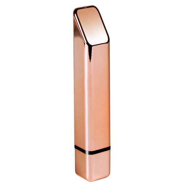 Roségoldener Vibrator in Lippenstiftform mit abgeschrägter Spitze und schwarzem Ring.