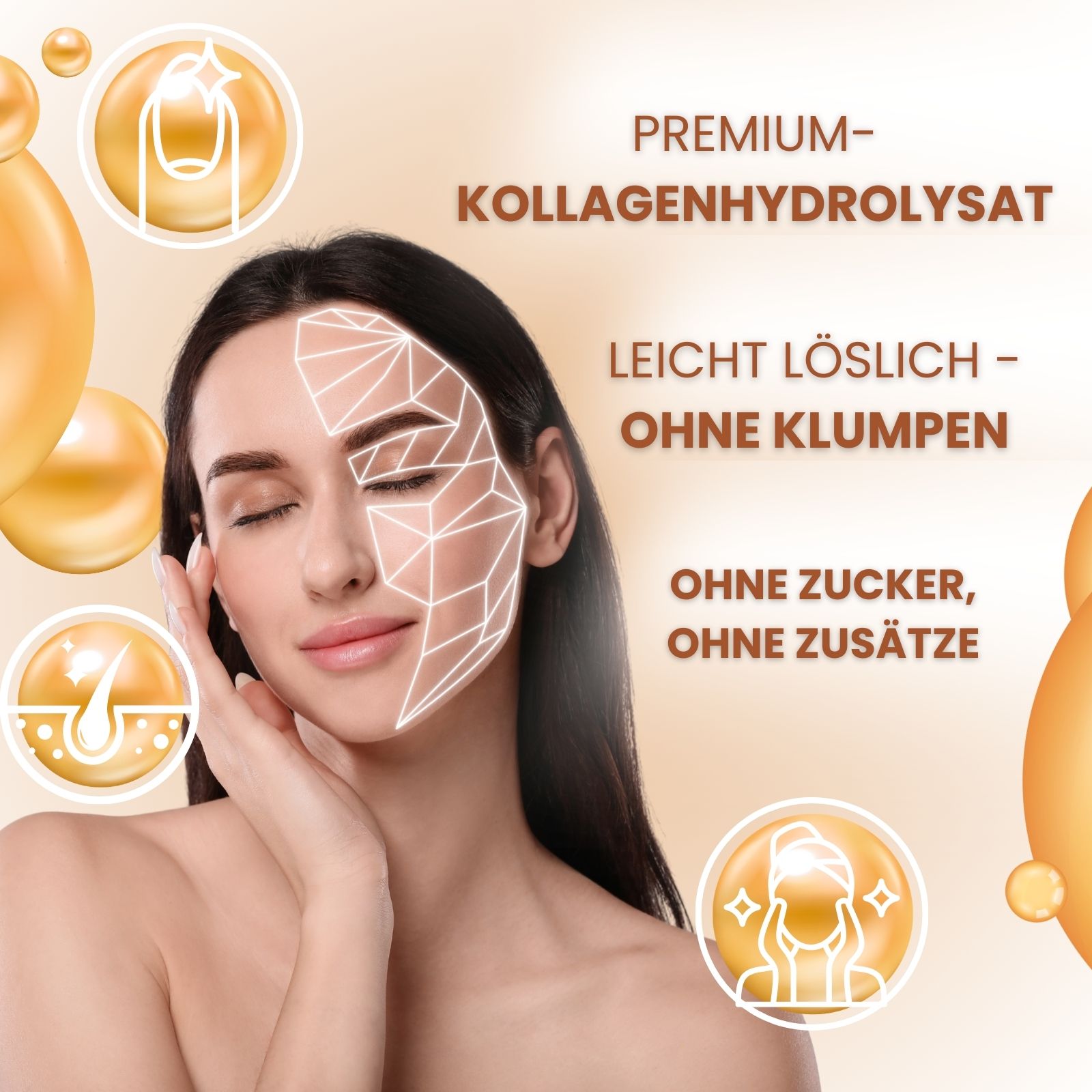Frau mit Gesichtsgrafik. Premium-Kollagenhydrolysat. Leicht löslich, ohne Klumpen. Ohne Zucker, ohne Zusätze. Goldene Kugeln im Hintergrund.