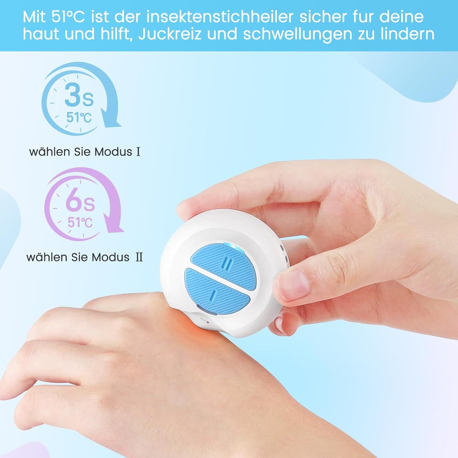 Gerät auf Handgelenk. Text: 'Modus I' und 'Modus II'. Temperaturanzeige. Gerät weiß-blau.
