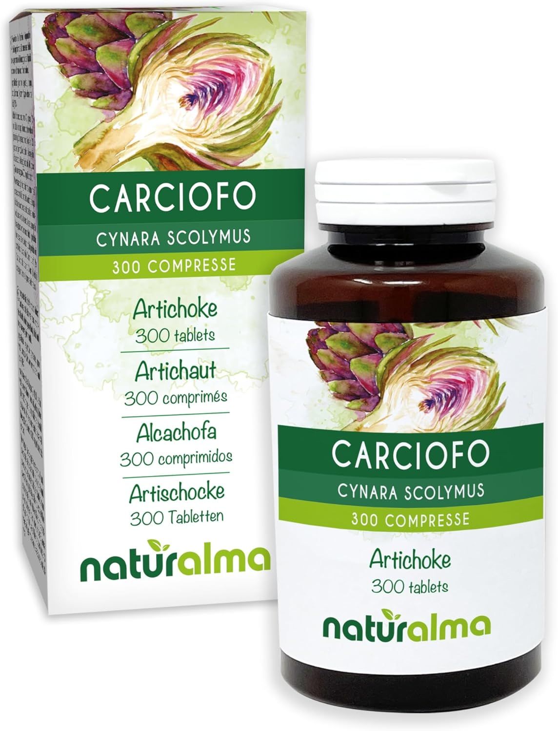 Artischocken Tabletten in einer braunen Flasche und Schachtel. Text: Carciofo Cynara scolymus, 300 Tabletten. Naturalma Logo.