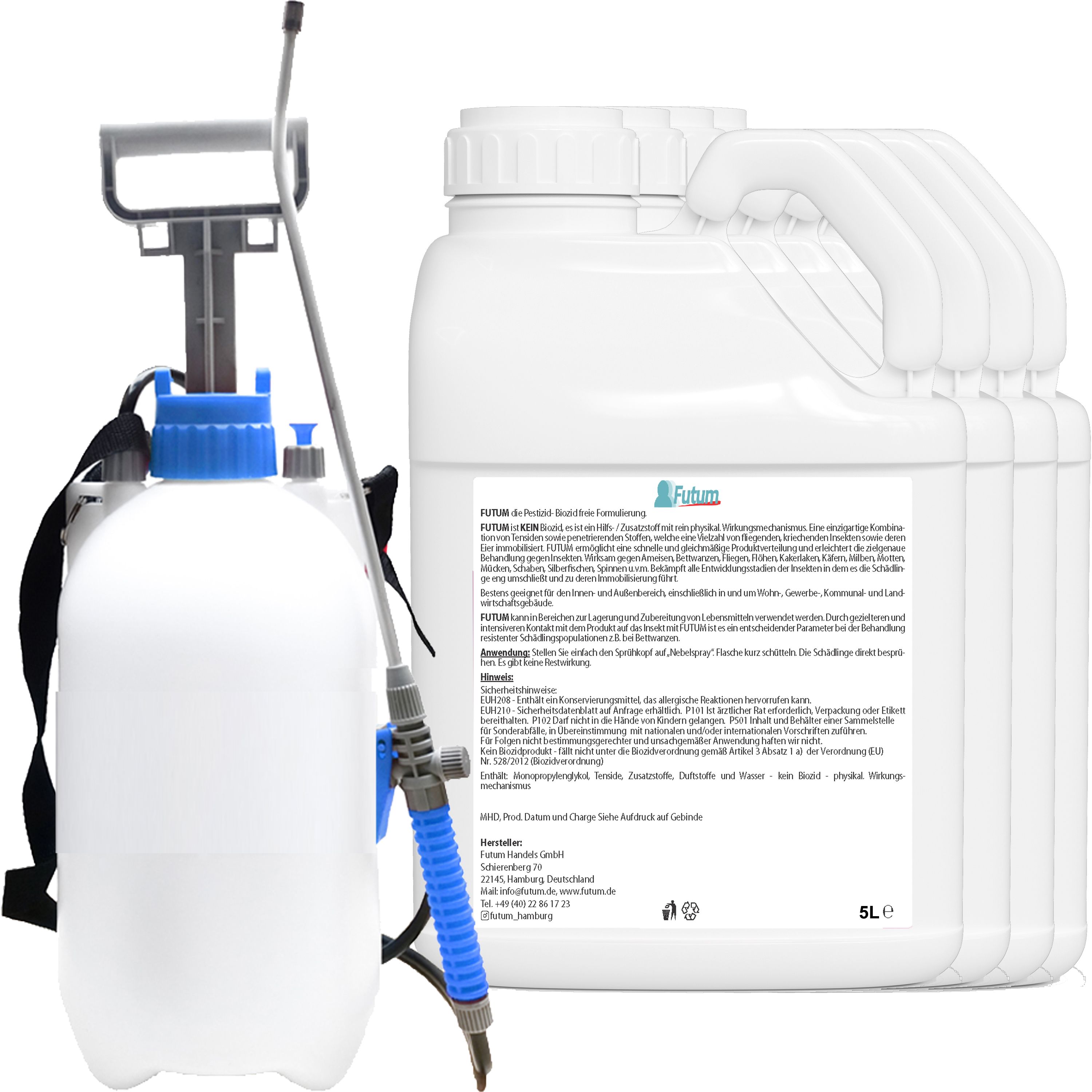 FUTUM 4x5L Zecken- / Mückenspray + 5L Sprüher