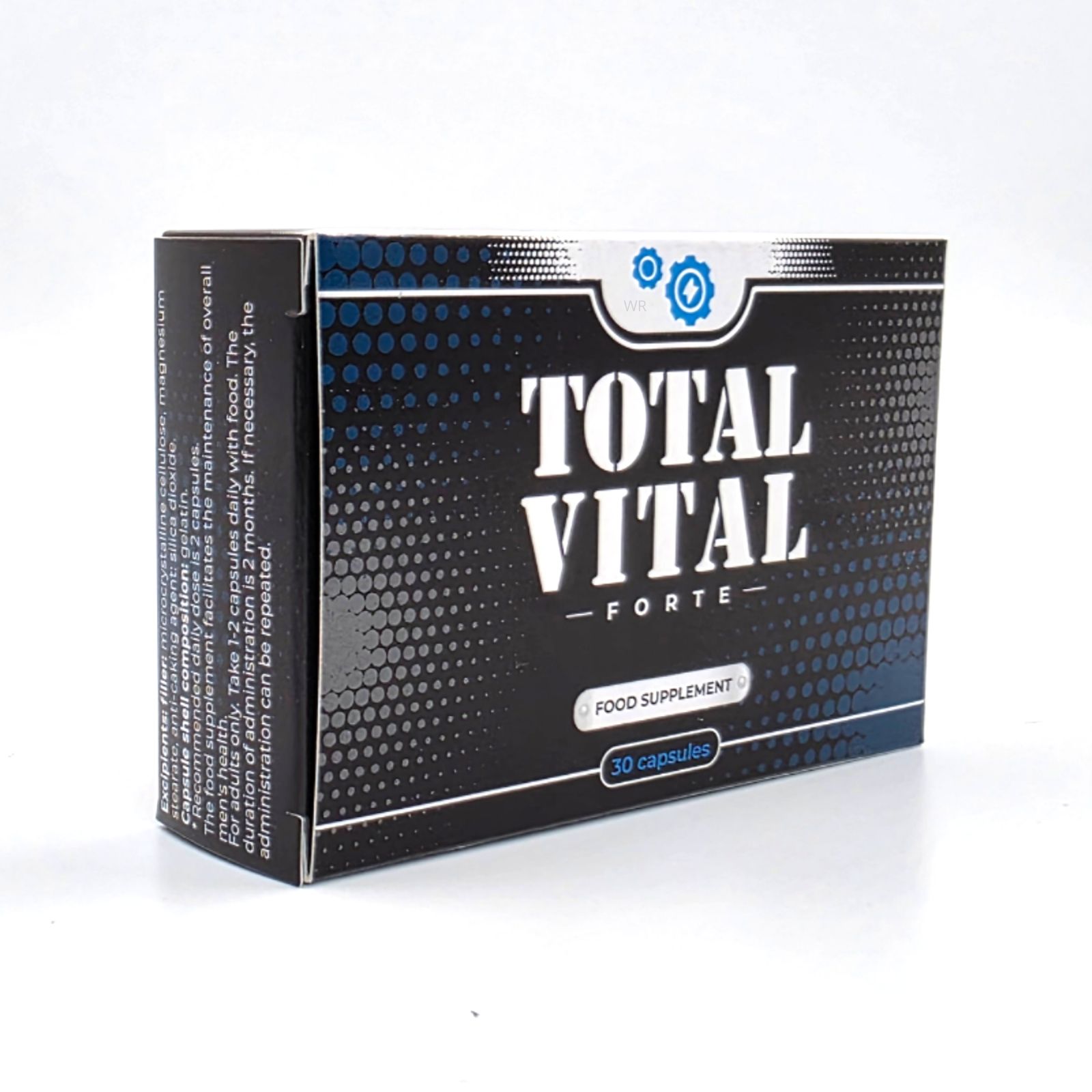 Schwarze Schachtel mit weißem "TOTAL VITAL FORTE"-Schriftzug. Enthält 30 Kapseln. Blaue und weiße Details.