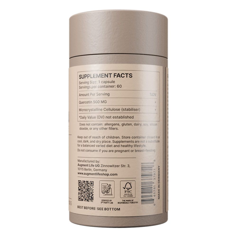 Nahrungsergänzungsmittel-Etikett mit Quercetin 500 mg, 60 Kapseln pro Behälter. Hergestellt in Deutschland.