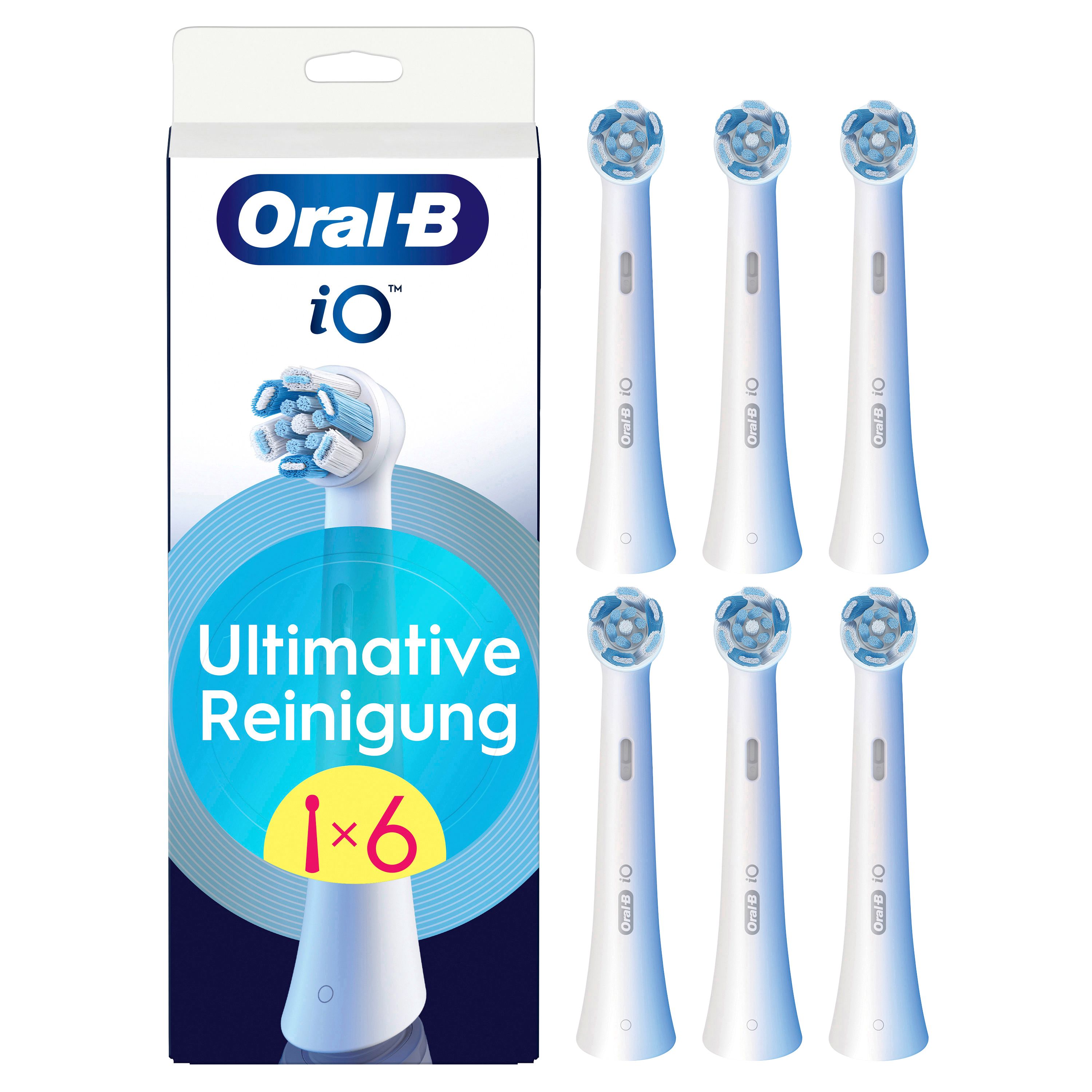 Verpackung mit 6 Aufsteckbürsten. Marke: Oral-B iO. Text: Ultimative Reinigung. 1x6.